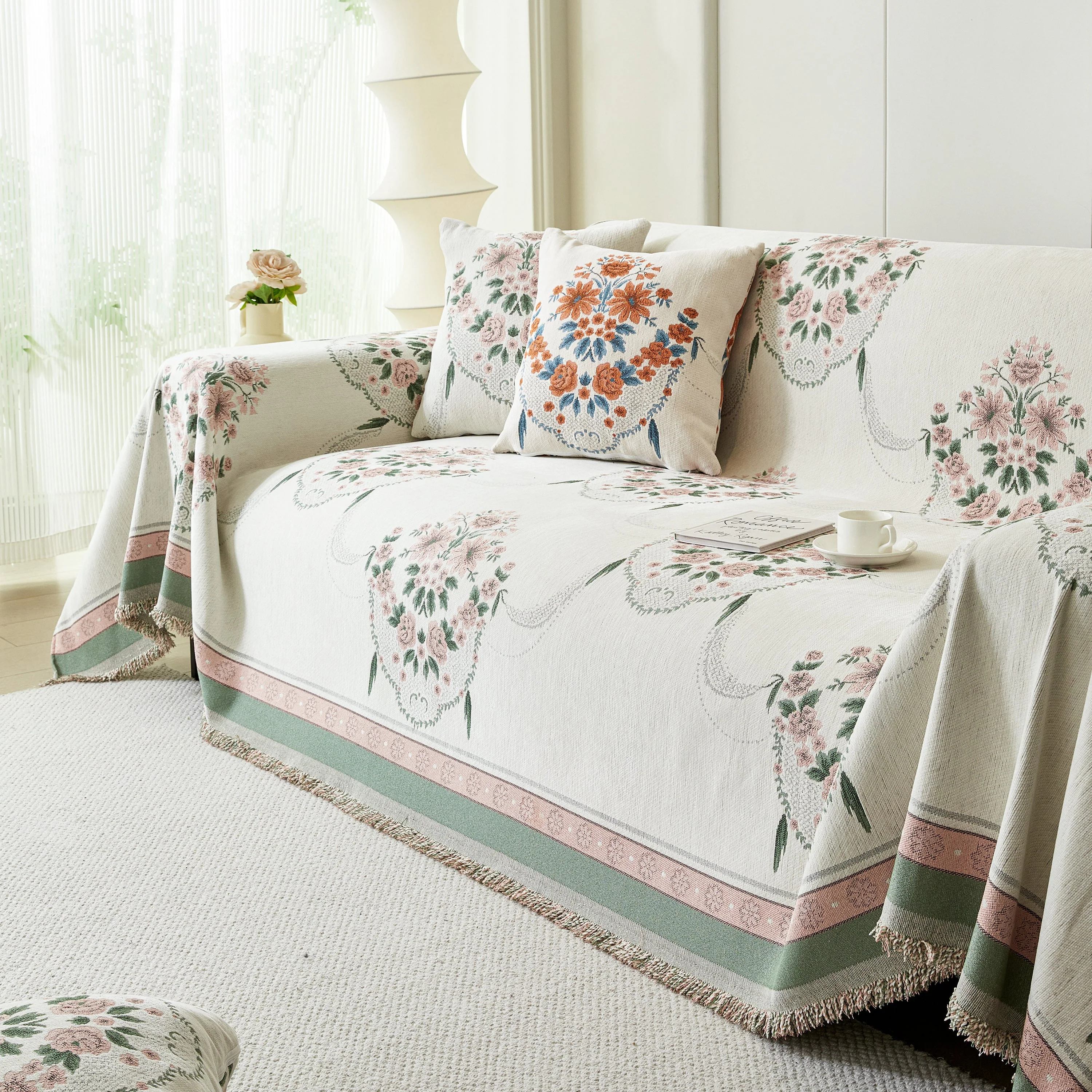 Charming French Country Floral Basket Sofa Throw Cover Rustic Farmhouse-Style Couch Cover Blankets - Image 76
