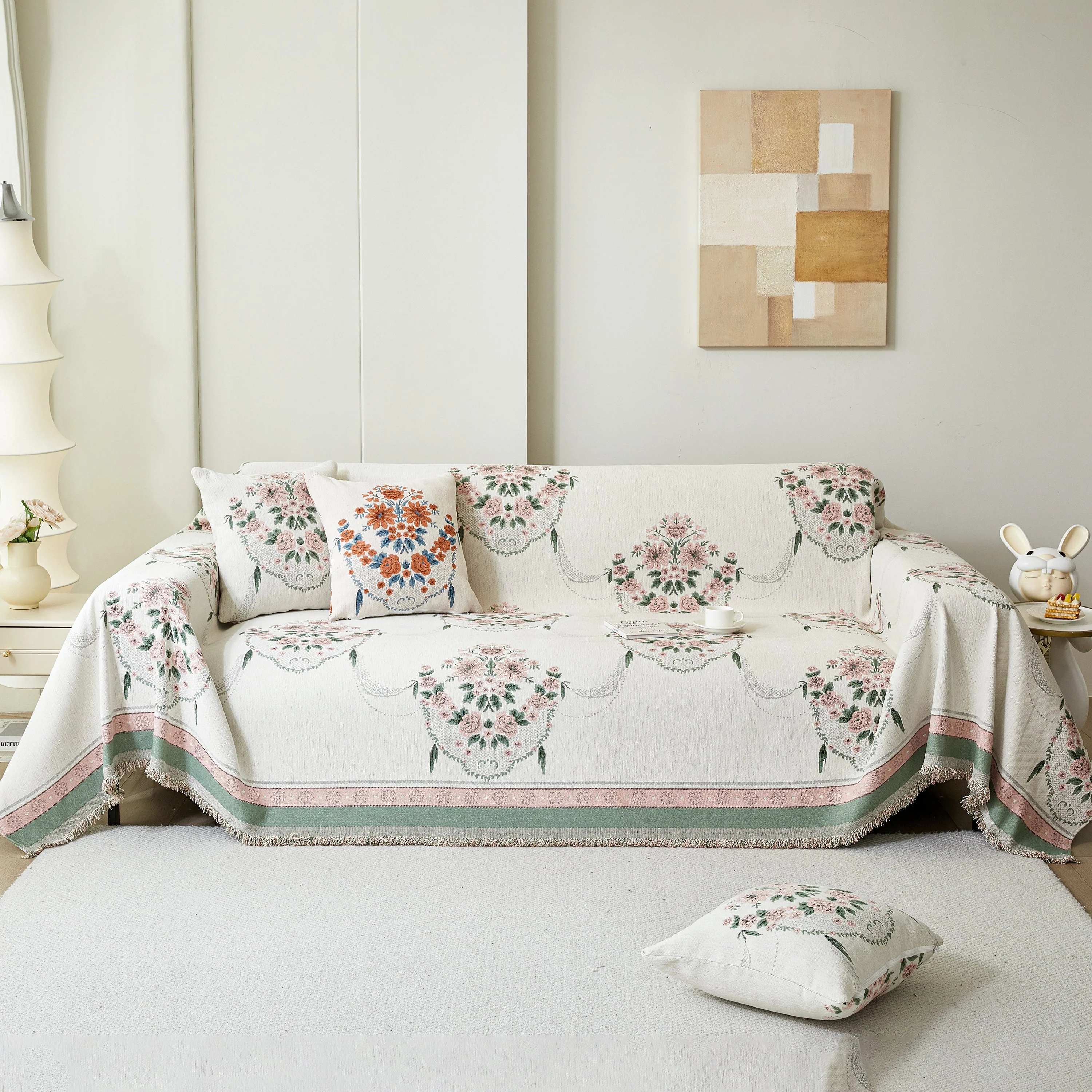 Charming French Country Floral Basket Sofa Throw Cover Rustic Farmhouse-Style Couch Cover Blankets - Image 79