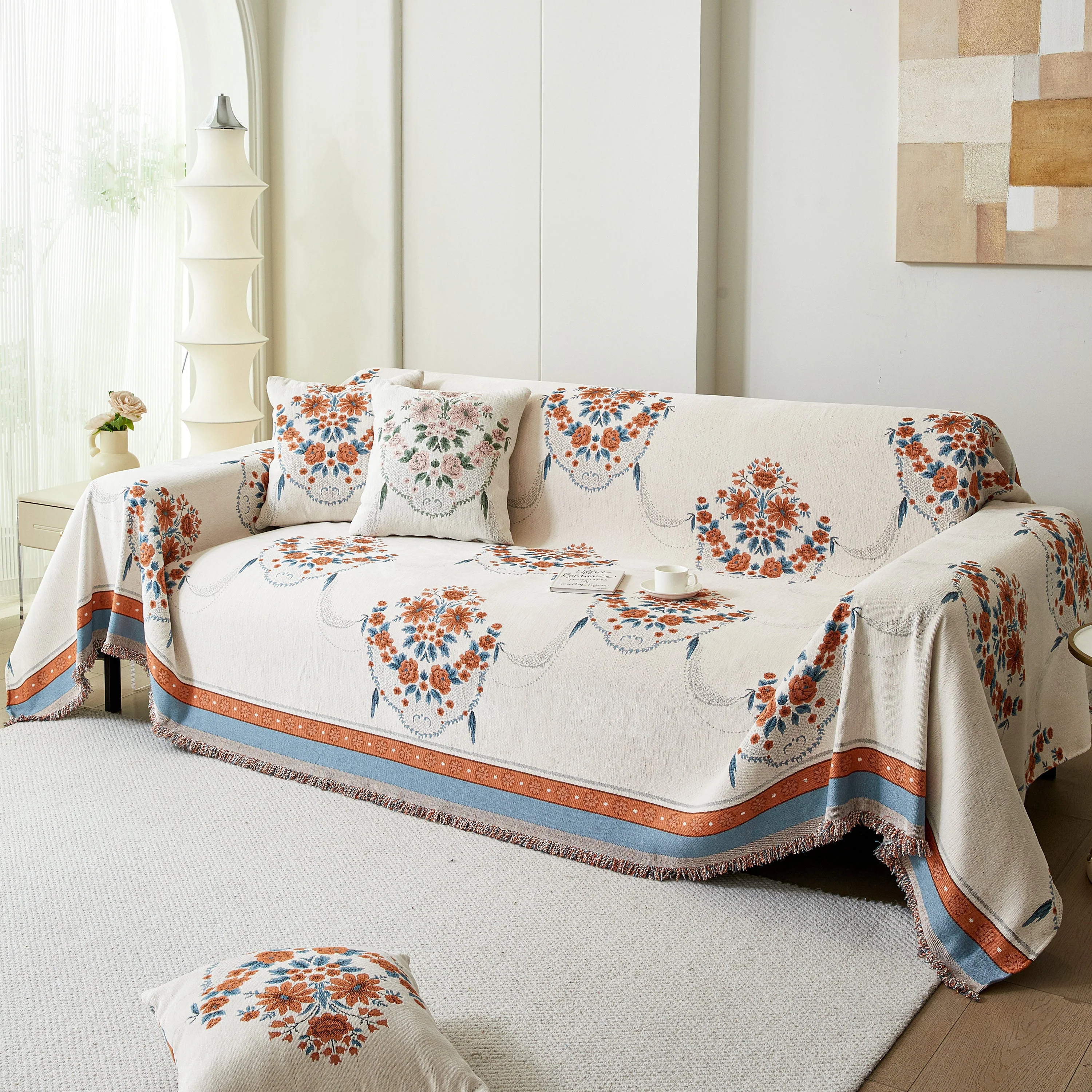 Charming French Country Floral Basket Sofa Throw Cover Rustic Farmhouse-Style Couch Cover Blankets - Image 9
