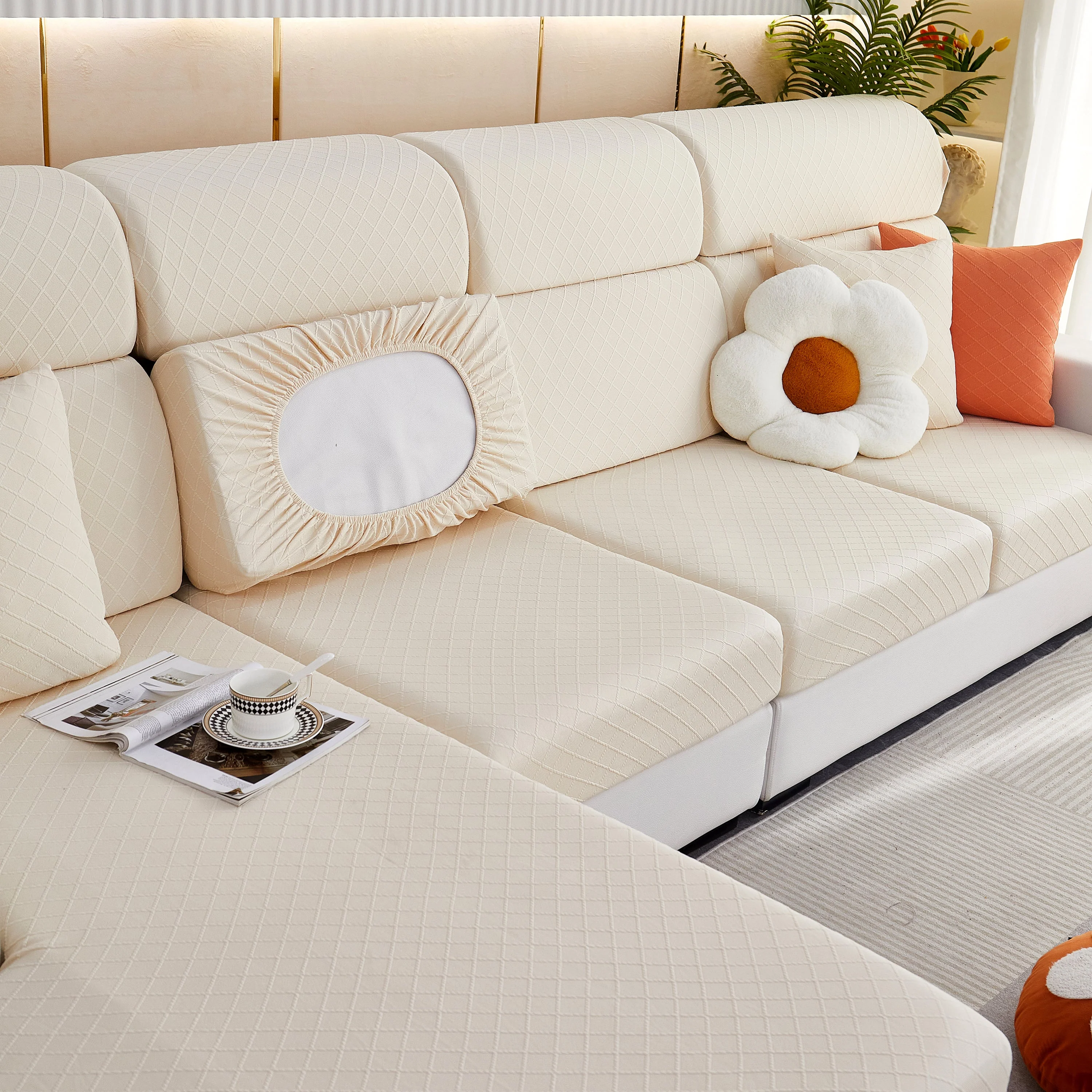 Checkered Jacquard Polar Fleece Stretch Sofa Cover, Non Slip Furniture Protector, Couch Seat Cushion Covers - Image 27