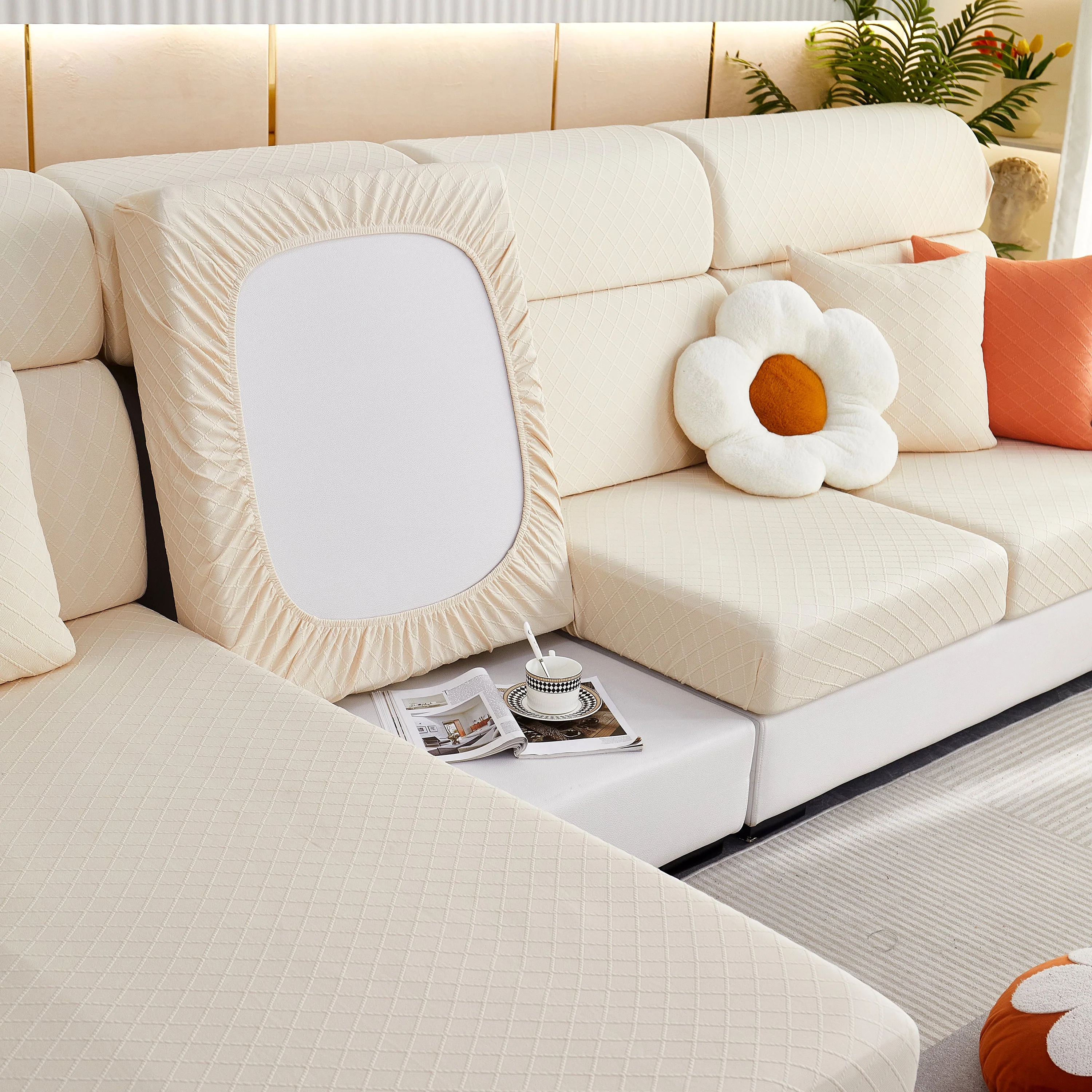 Checkered Jacquard Polar Fleece Stretch Sofa Cover, Non Slip Furniture Protector, Couch Seat Cushion Covers - Image 28