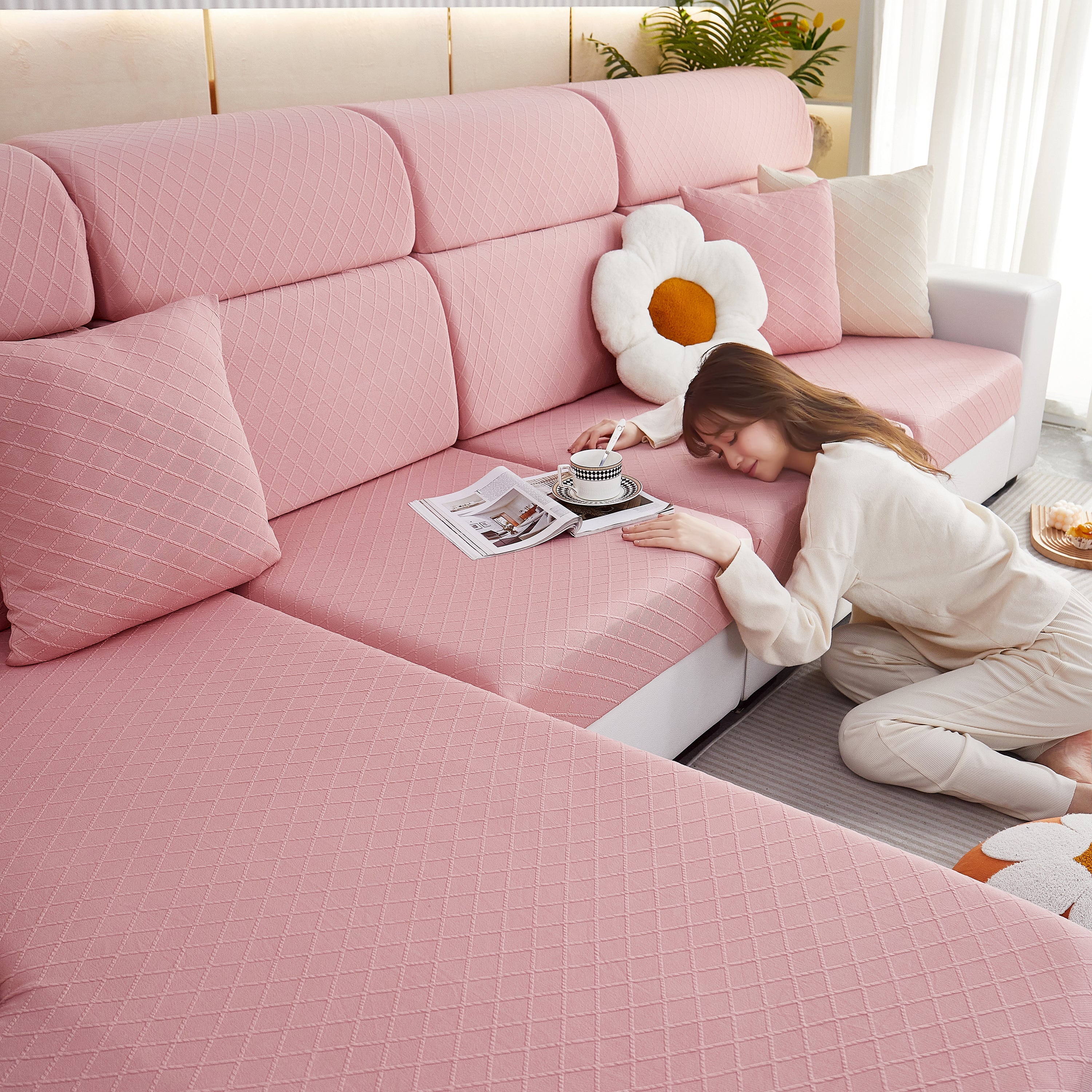 Checkered Jacquard Polar Fleece Stretch Sofa Cover, Non Slip Furniture Protector, Couch Seat Cushion Covers - Image 29