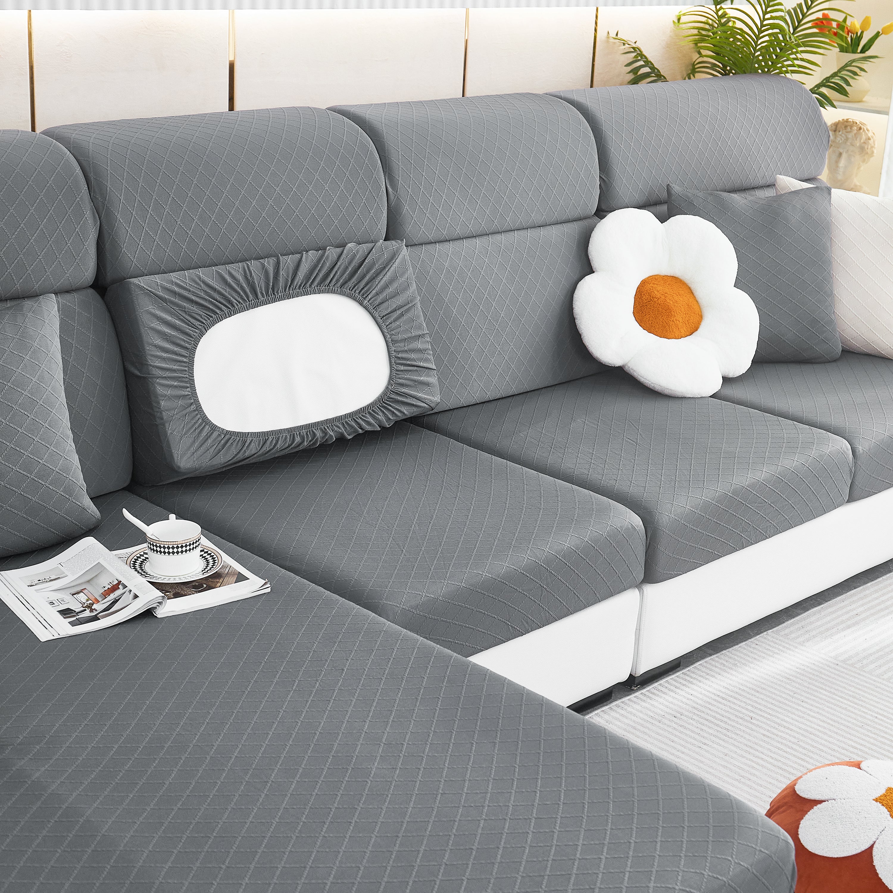 Checkered Jacquard Polar Fleece Stretch Sofa Cover, Non Slip Furniture Protector, Couch Seat Cushion Covers - Image 35