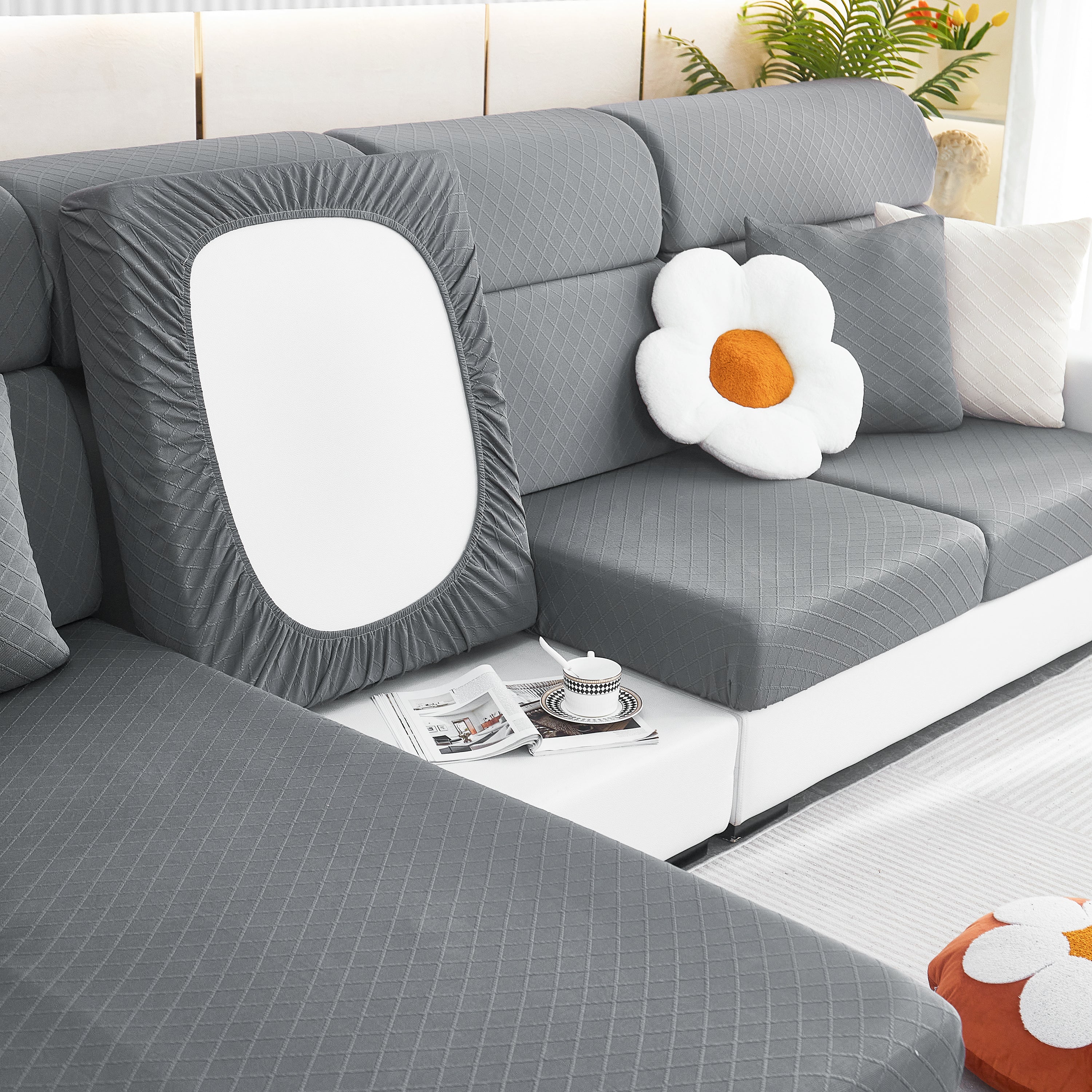 Checkered Jacquard Polar Fleece Stretch Sofa Cover, Non Slip Furniture Protector, Couch Seat Cushion Covers - Image 36