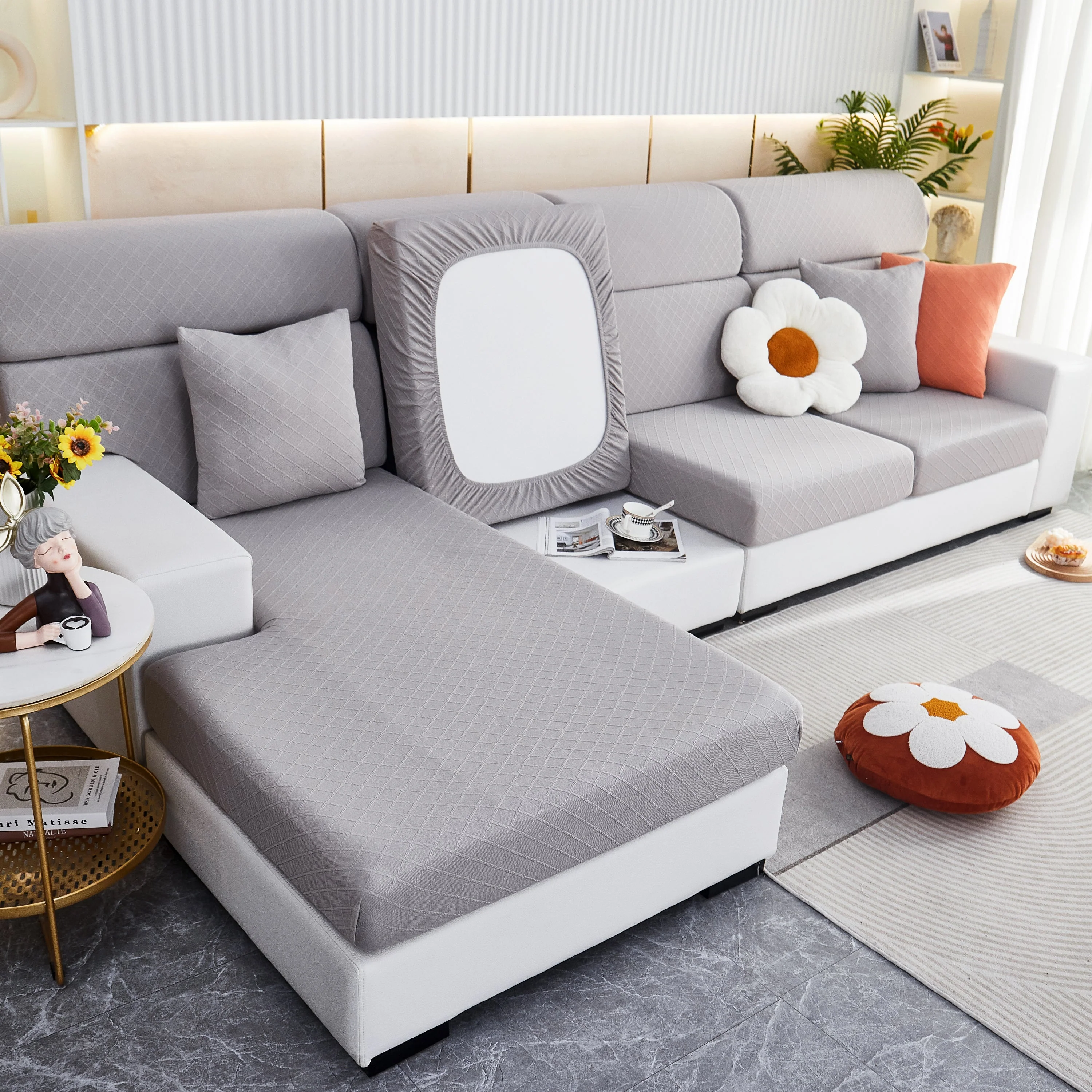 Checkered Jacquard Polar Fleece Stretch Sofa Cover, Non Slip Furniture Protector, Couch Seat Cushion Covers - Image 7