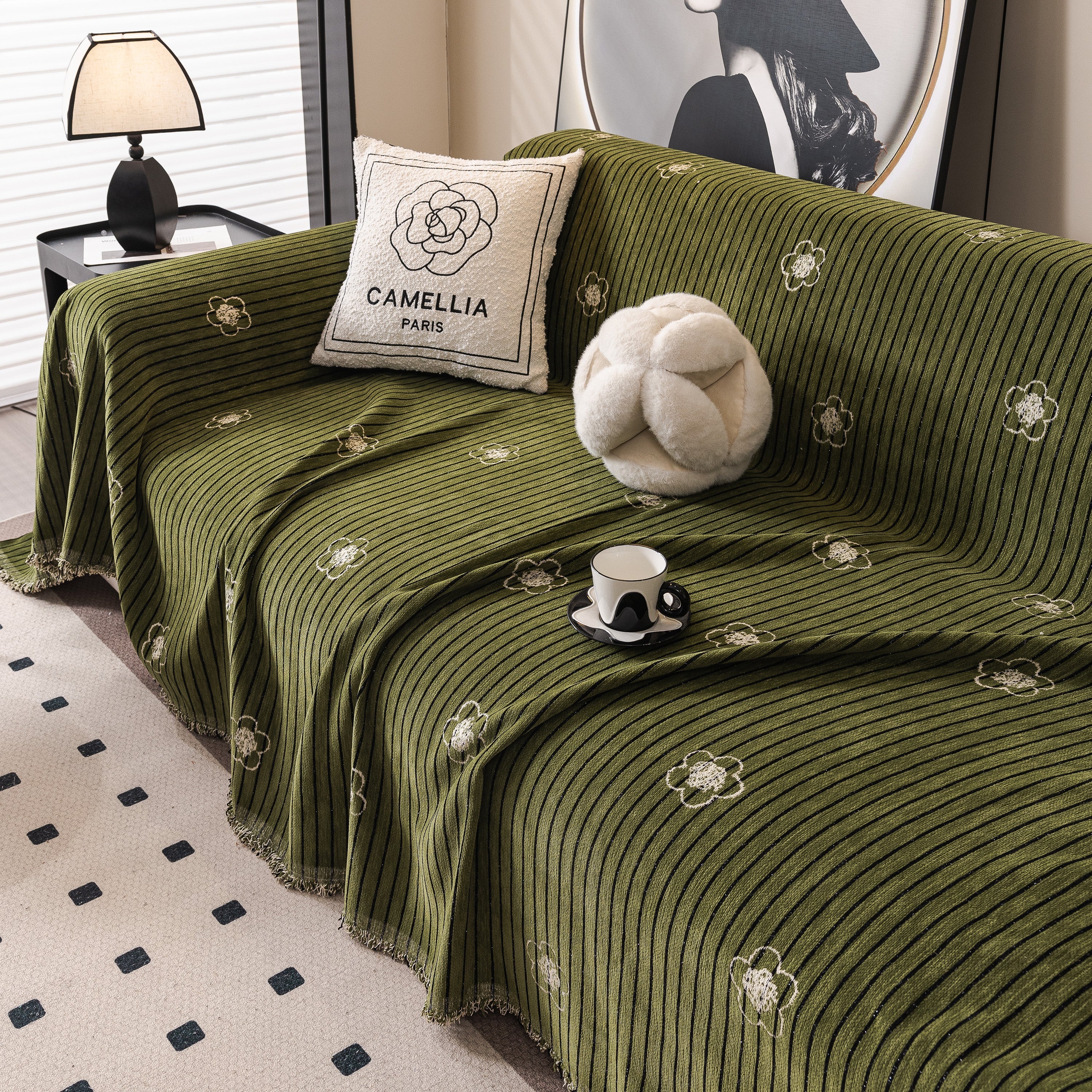 Chenille Camellia Floral Sofa Throw Cover Couch Blanket with Striped Jacquard - Image 10