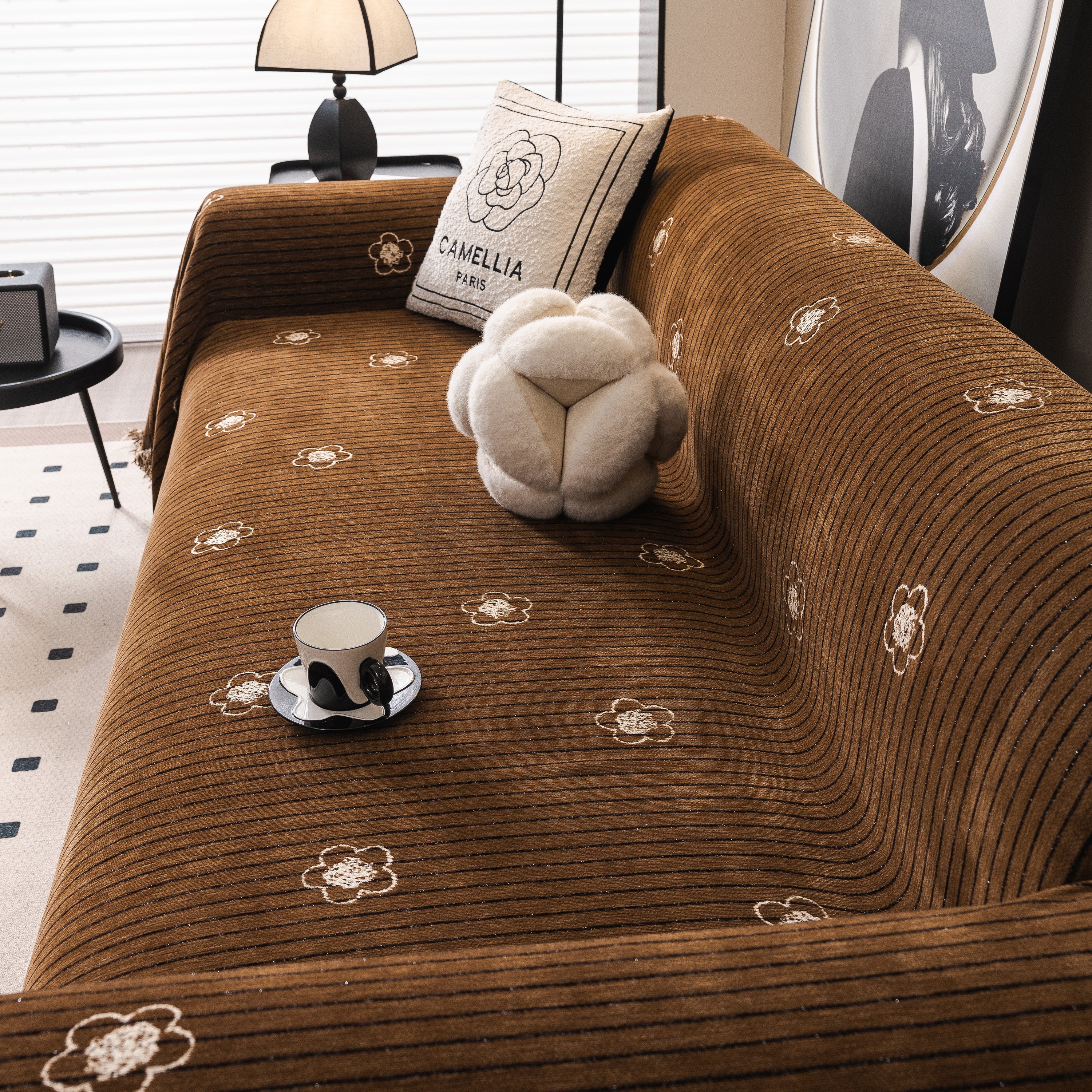 Chenille Camellia Floral Sofa Throw Cover Couch Blanket with Striped Jacquard - Image 100