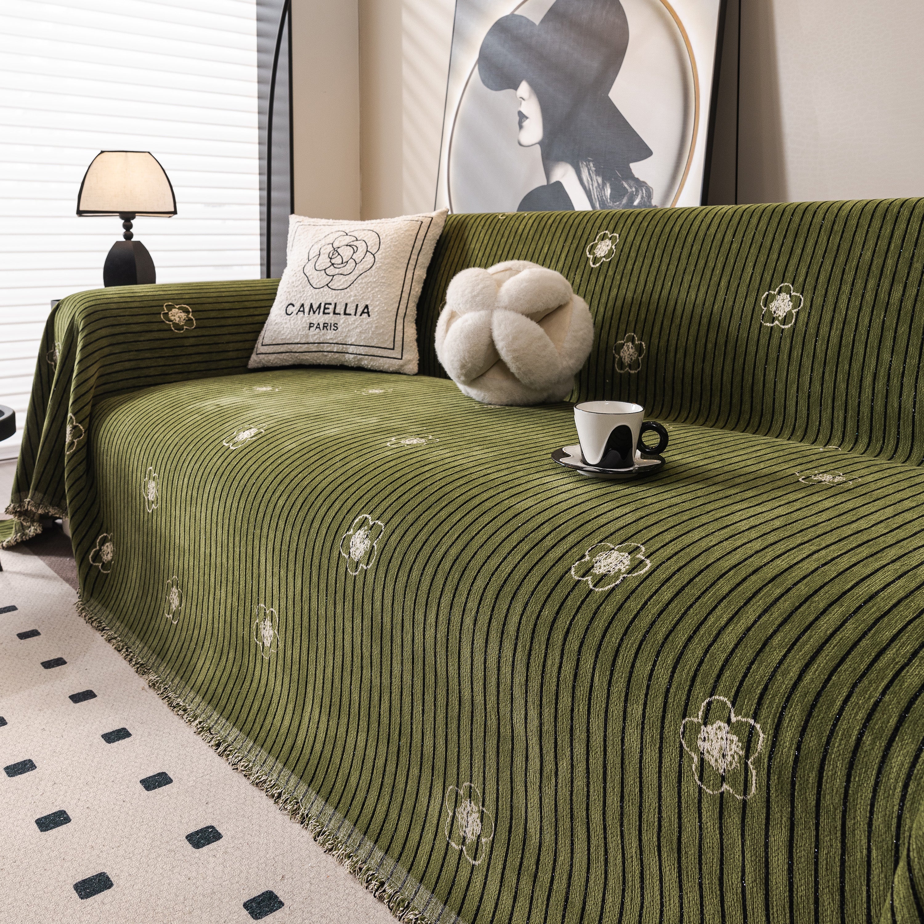 Chenille Camellia Floral Sofa Throw Cover Couch Blanket with Striped Jacquard - Image 11