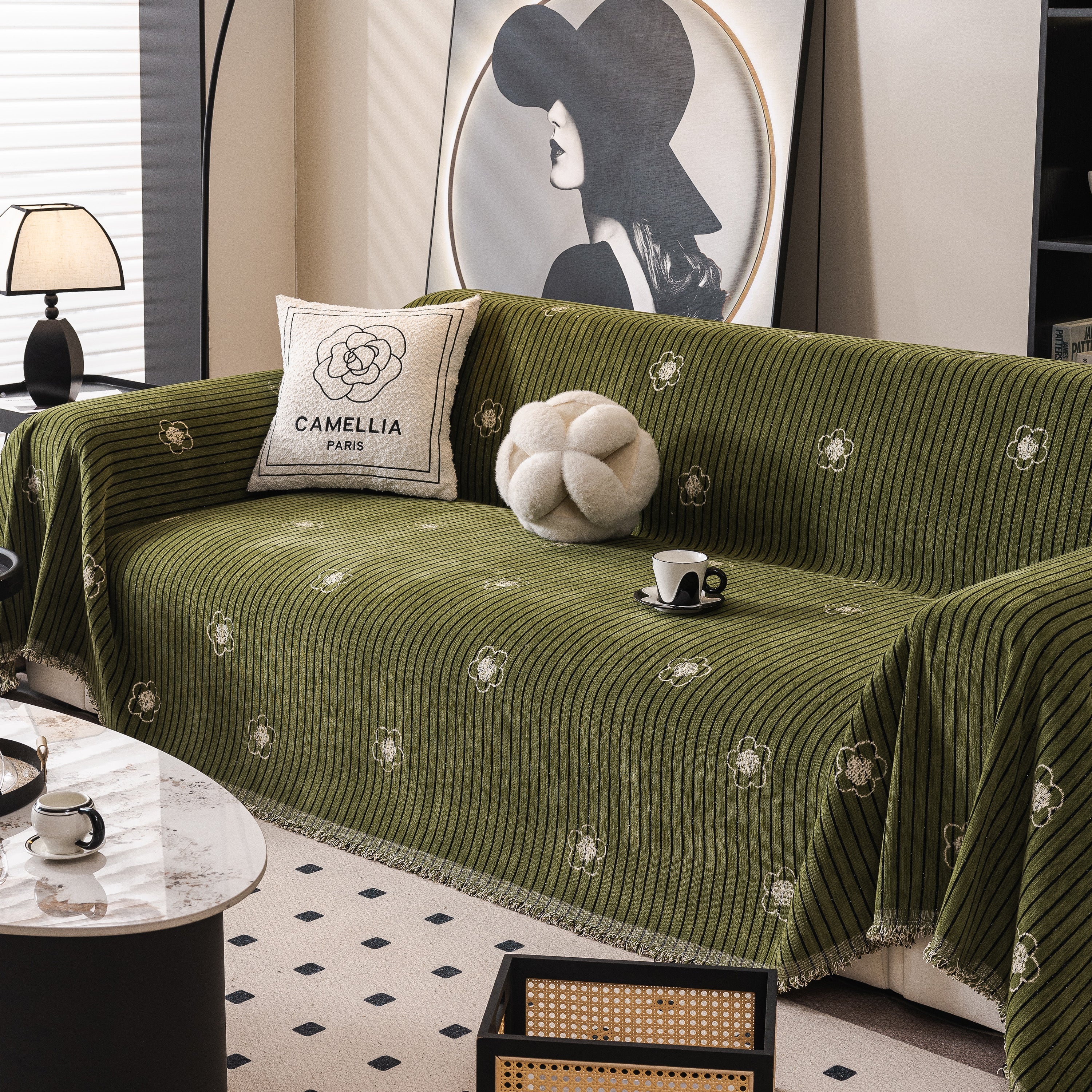 Chenille Camellia Floral Sofa Throw Cover Couch Blanket with Striped Jacquard - Image 12