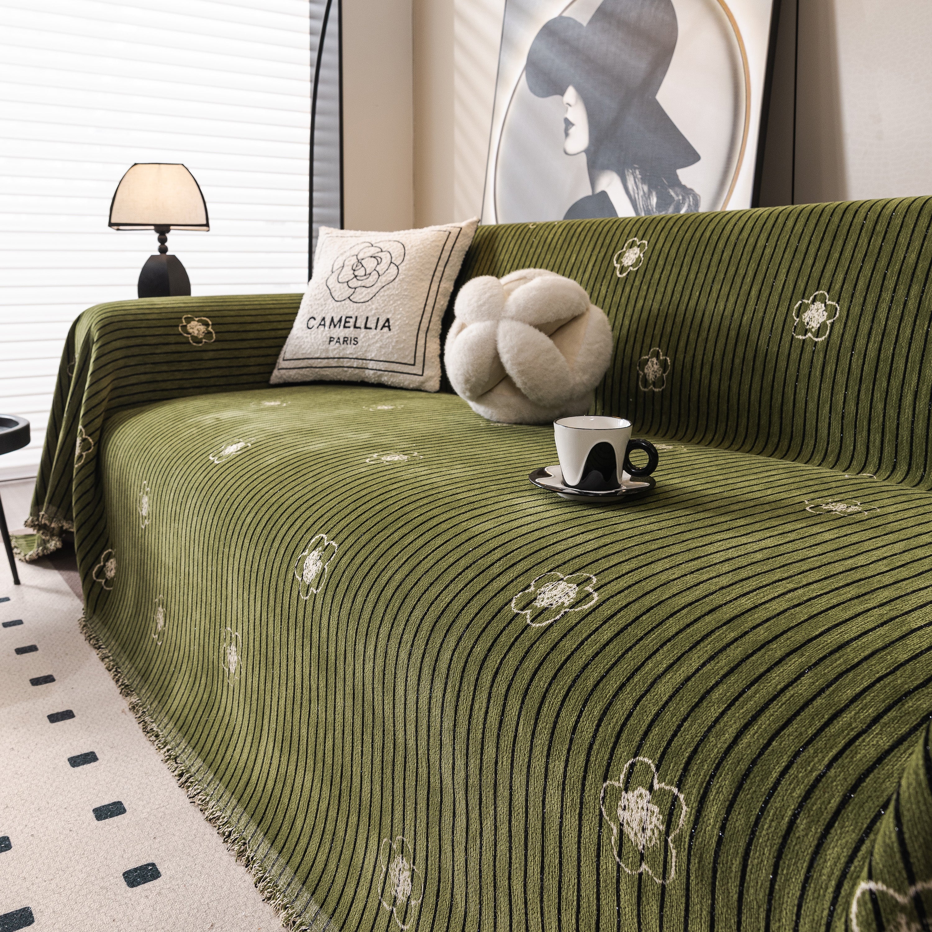 Chenille Camellia Floral Sofa Throw Cover Couch Blanket with Striped Jacquard - Image 17