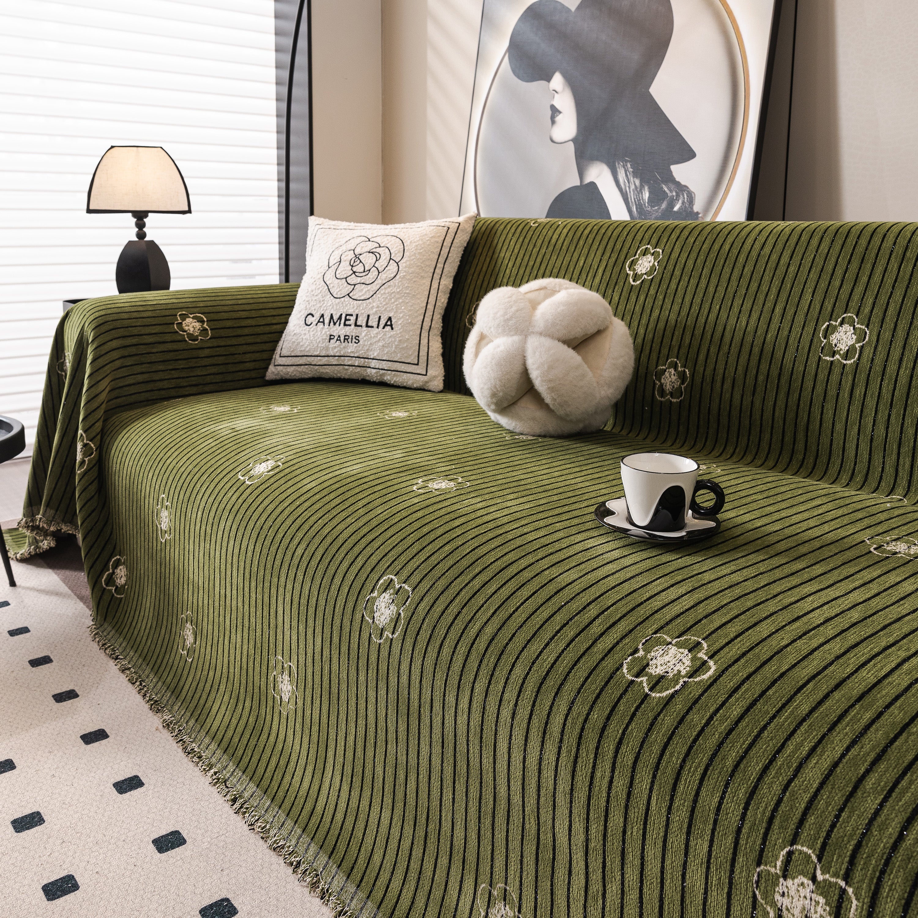 Chenille Camellia Floral Sofa Throw Cover Couch Blanket with Striped Jacquard - Image 18