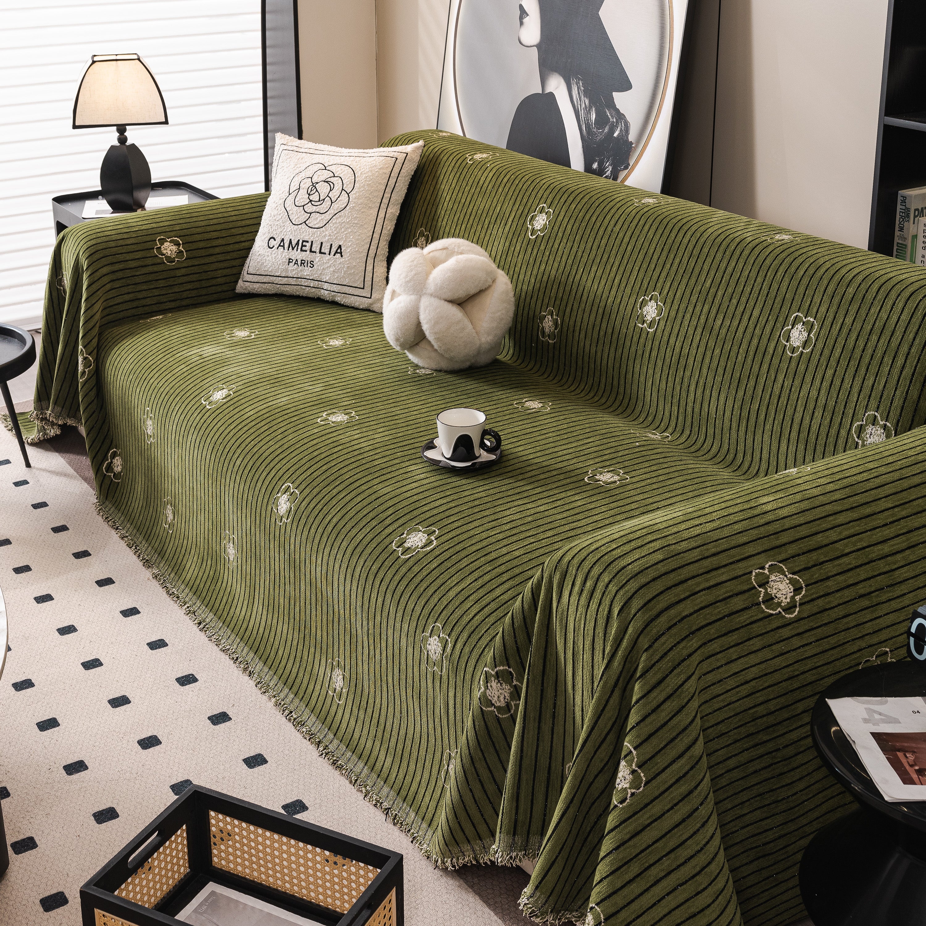 Chenille Camellia Floral Sofa Throw Cover Couch Blanket with Striped Jacquard - Image 19