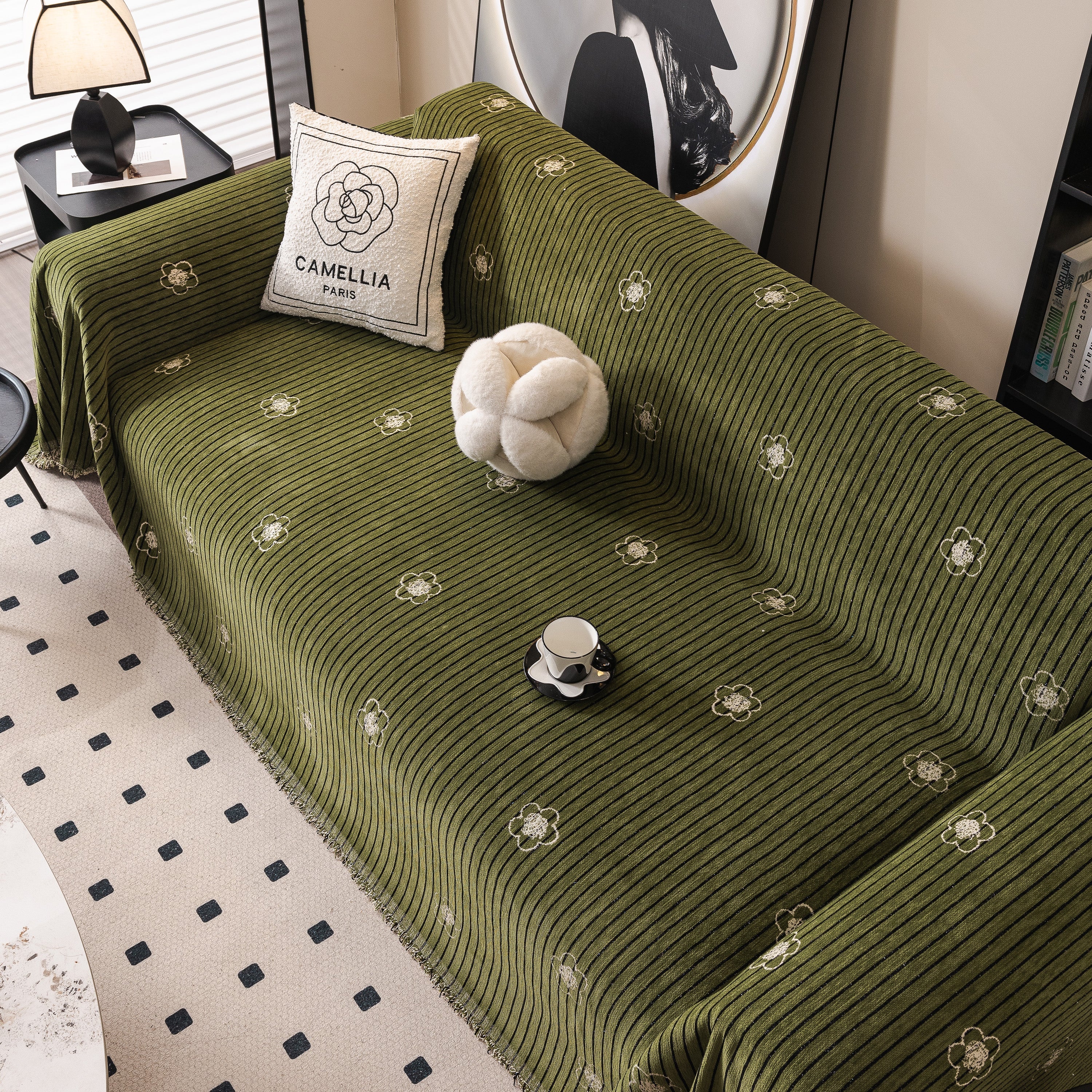 Chenille Camellia Floral Sofa Throw Cover Couch Blanket with Striped Jacquard - Image 20