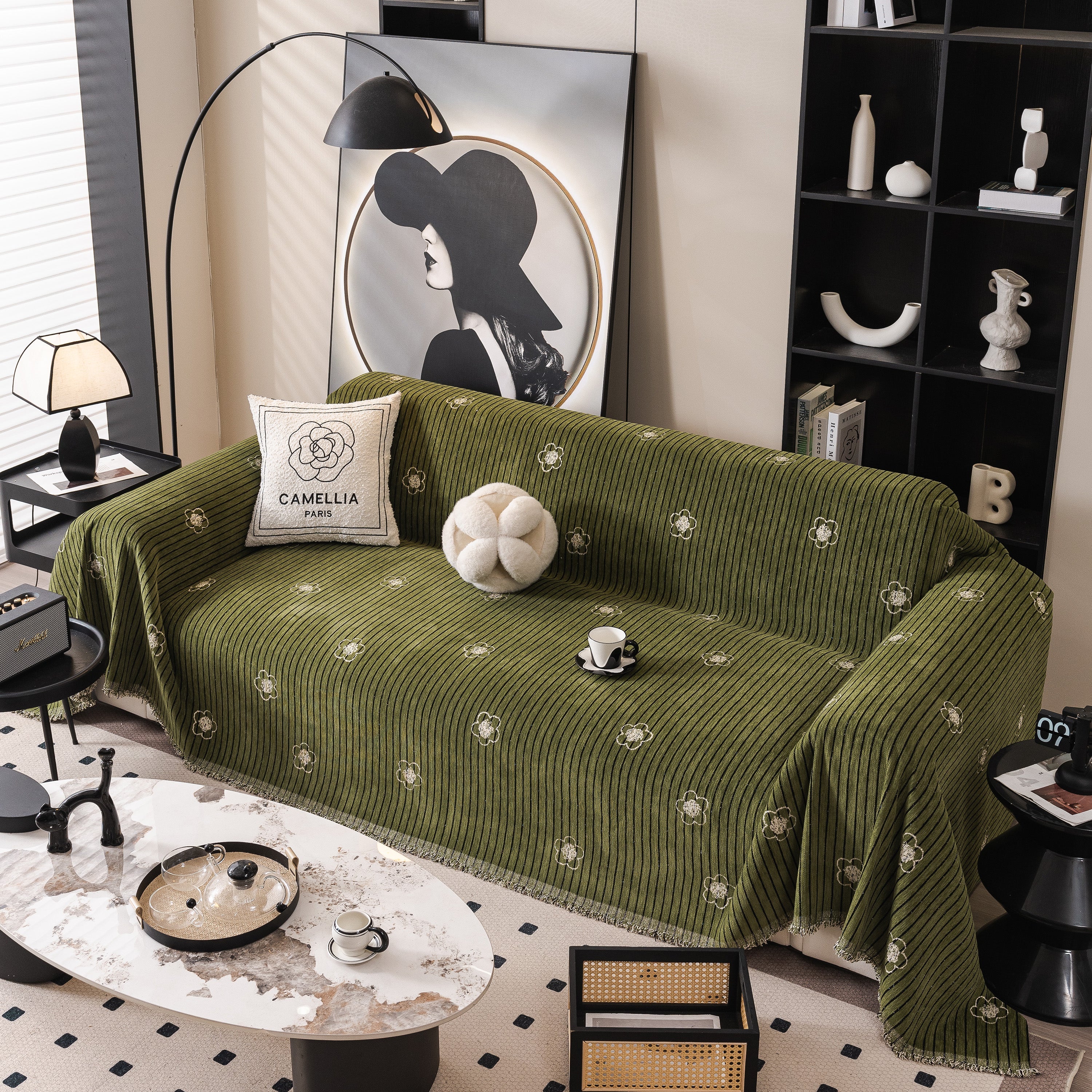 Chenille Camellia Floral Sofa Throw Cover Couch Blanket with Striped Jacquard - Image 22
