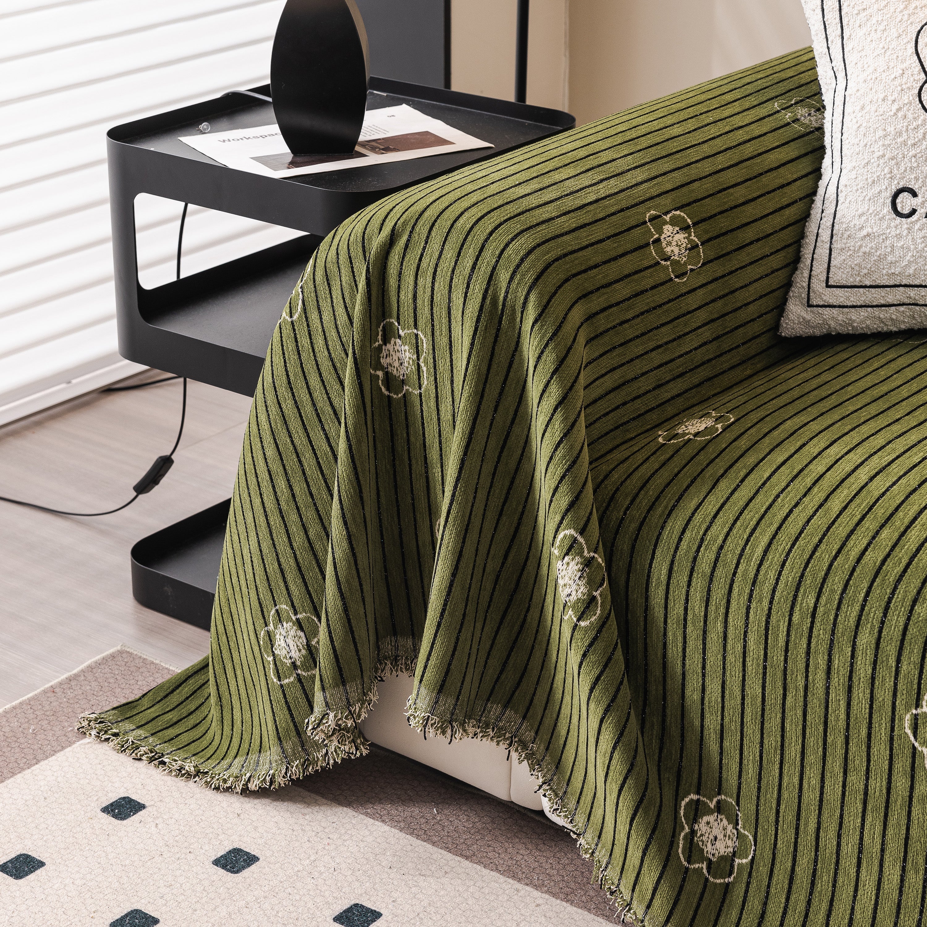 Chenille Camellia Floral Sofa Throw Cover Couch Blanket with Striped Jacquard - Image 24