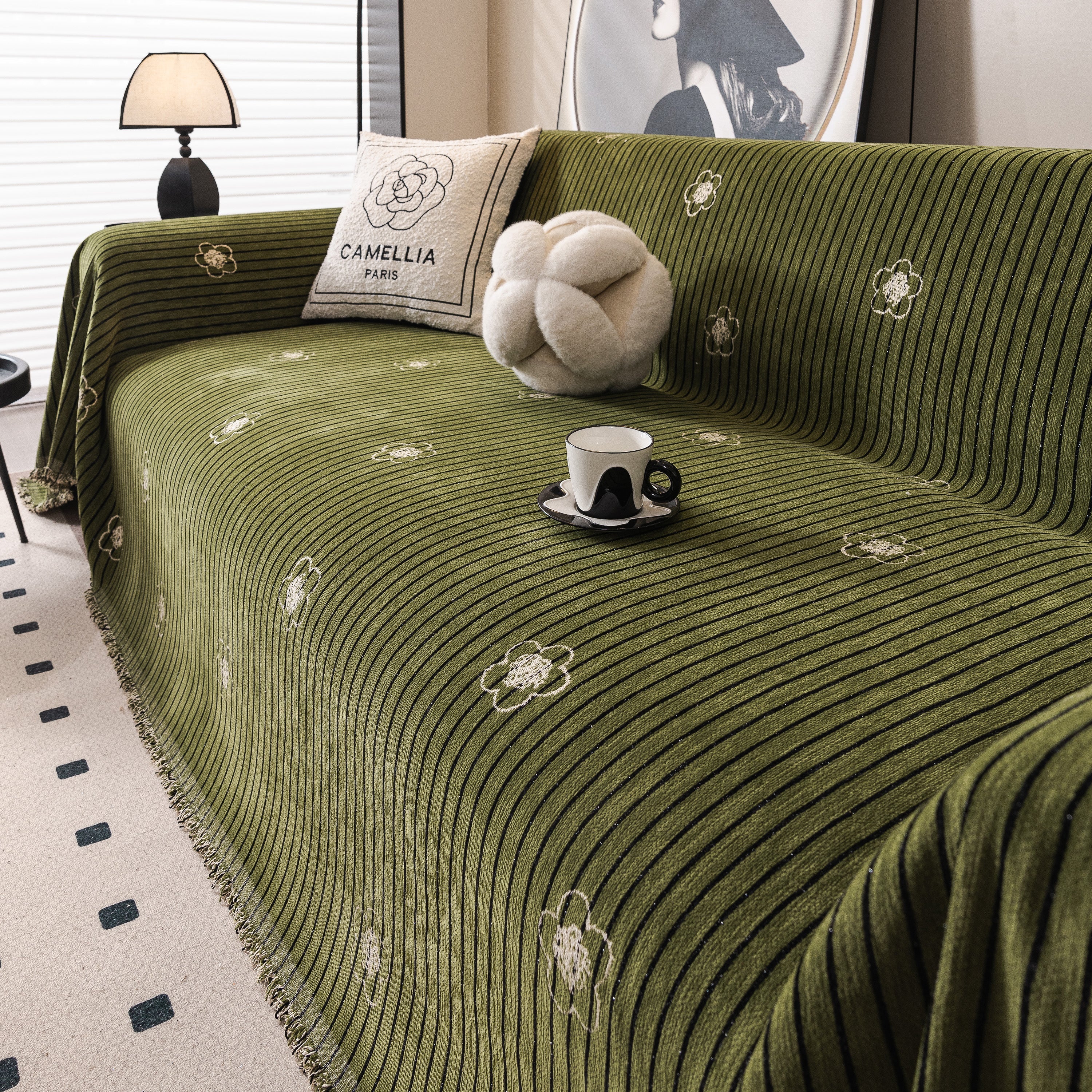 Chenille Camellia Floral Sofa Throw Cover Couch Blanket with Striped Jacquard - Image 25