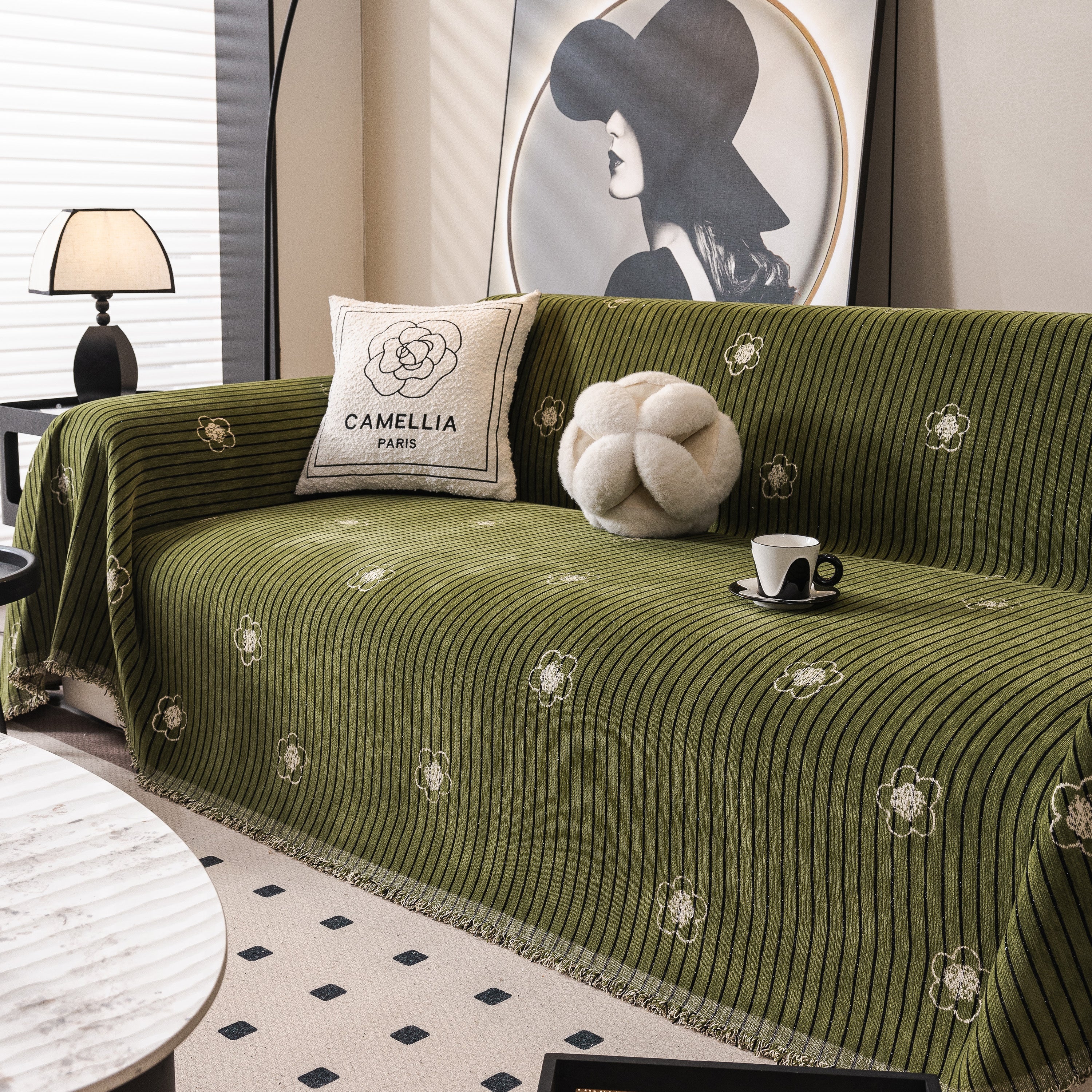 Chenille Camellia Floral Sofa Throw Cover Couch Blanket with Striped Jacquard - Image 26