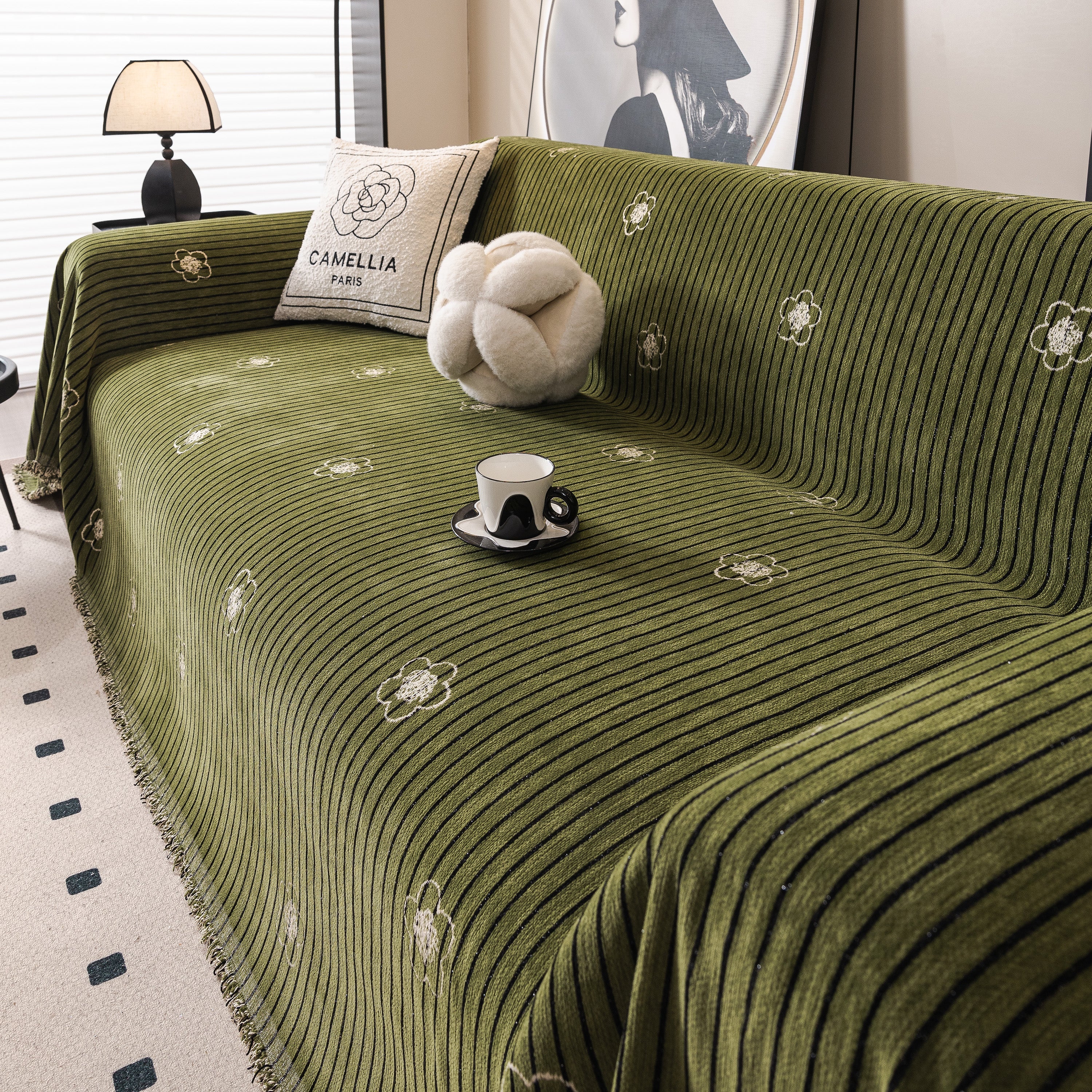 Chenille Camellia Floral Sofa Throw Cover Couch Blanket with Striped Jacquard - Image 28