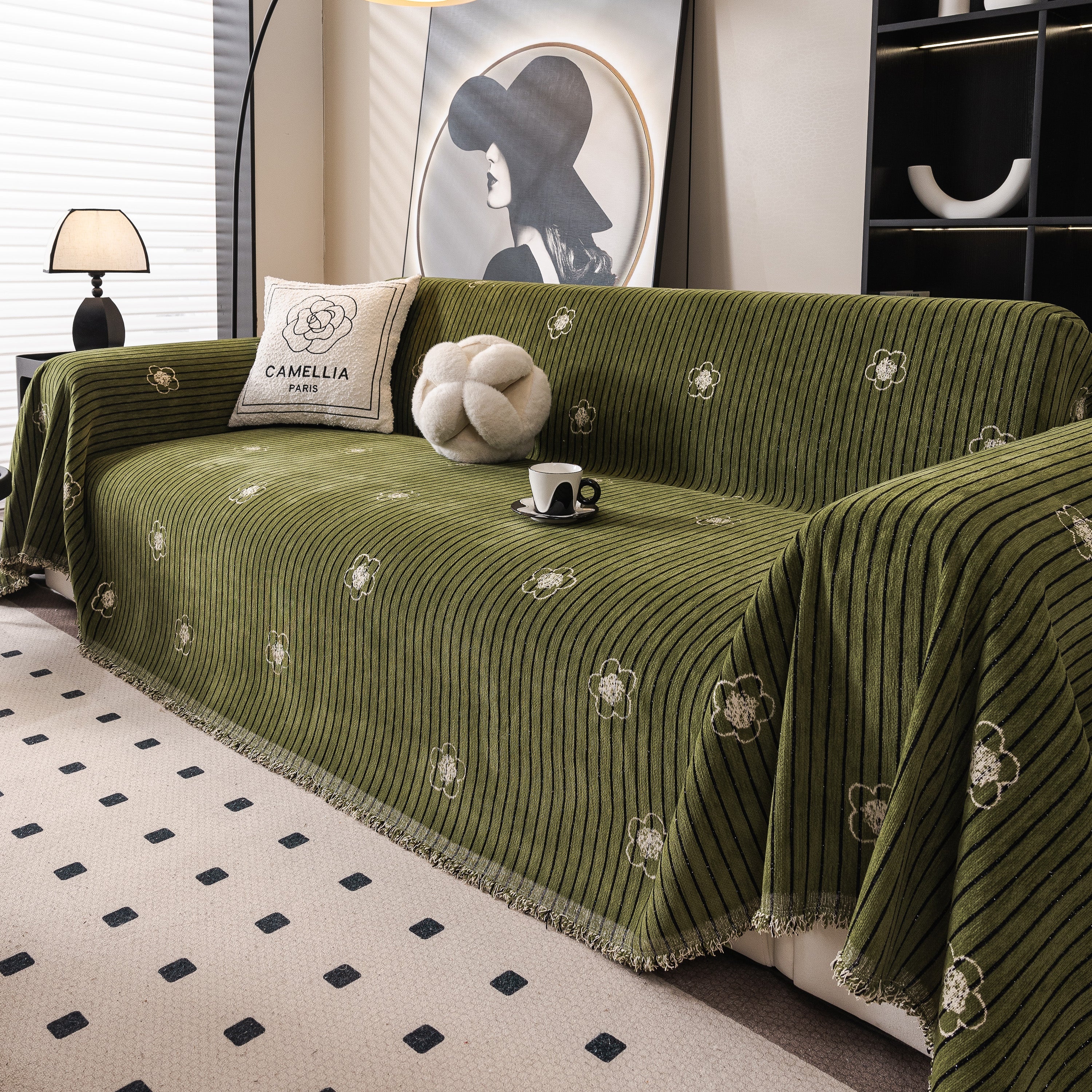 Chenille Camellia Floral Sofa Throw Cover Couch Blanket with Striped Jacquard - Image 29