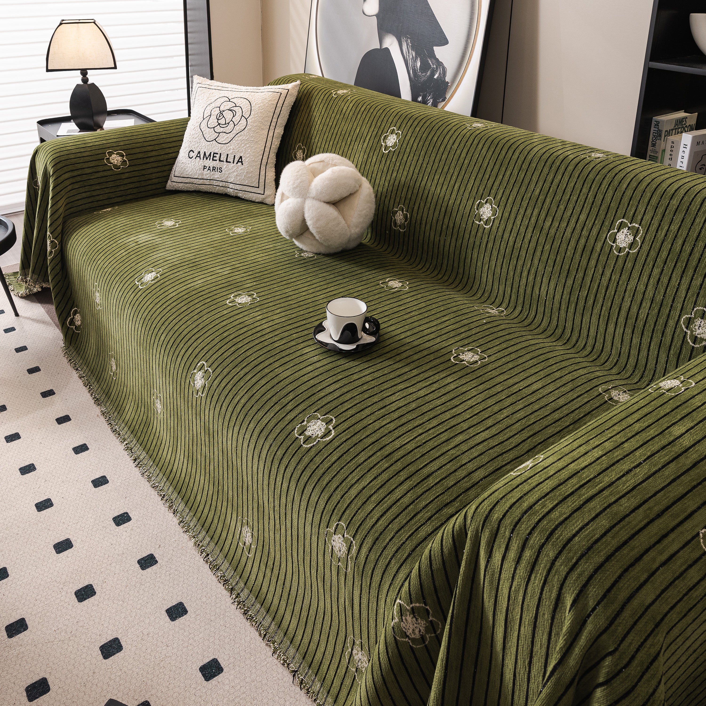 Chenille Camellia Floral Sofa Throw Cover Couch Blanket with Striped Jacquard - Image 31
