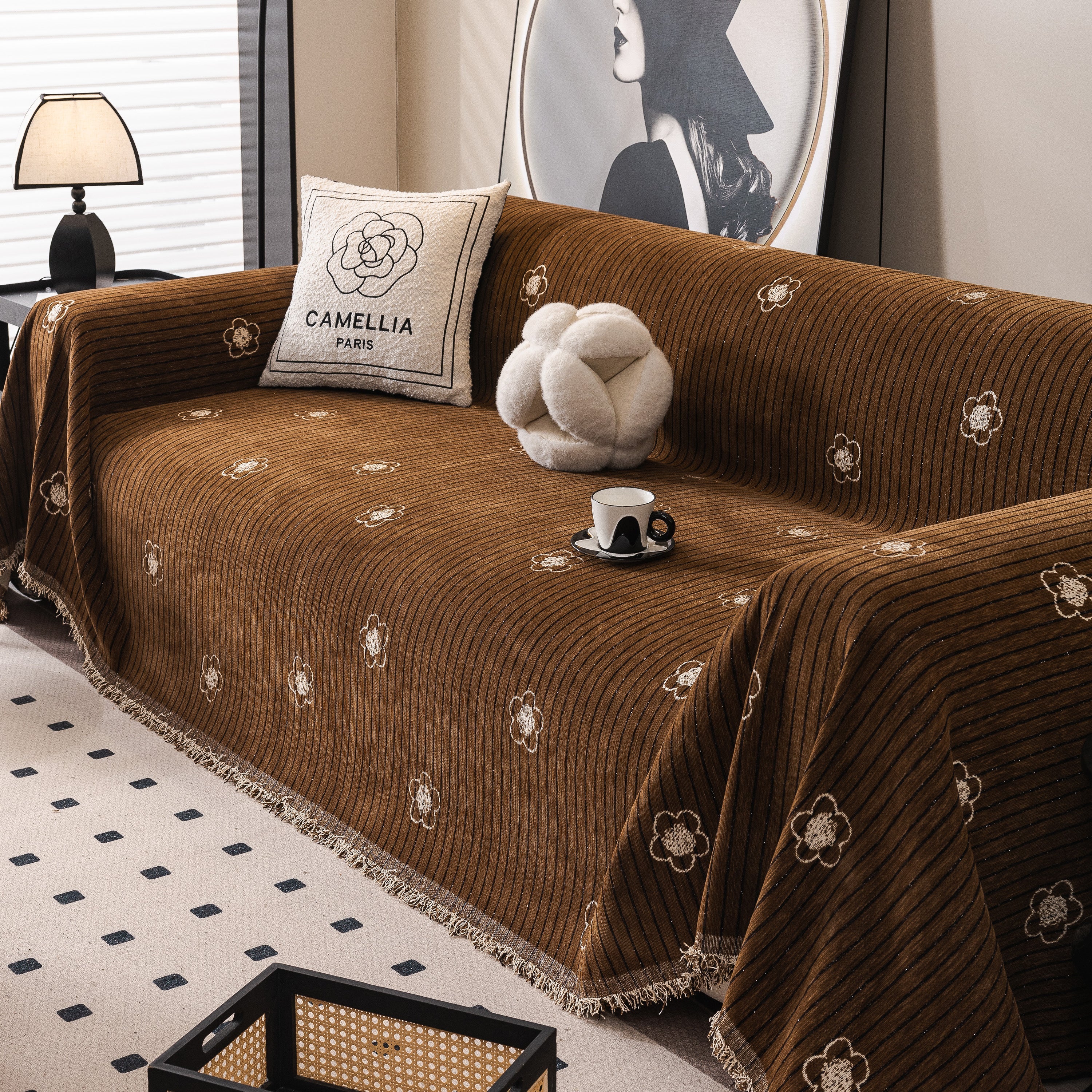 Chenille Camellia Floral Sofa Throw Cover Couch Blanket with Striped Jacquard - Image 34