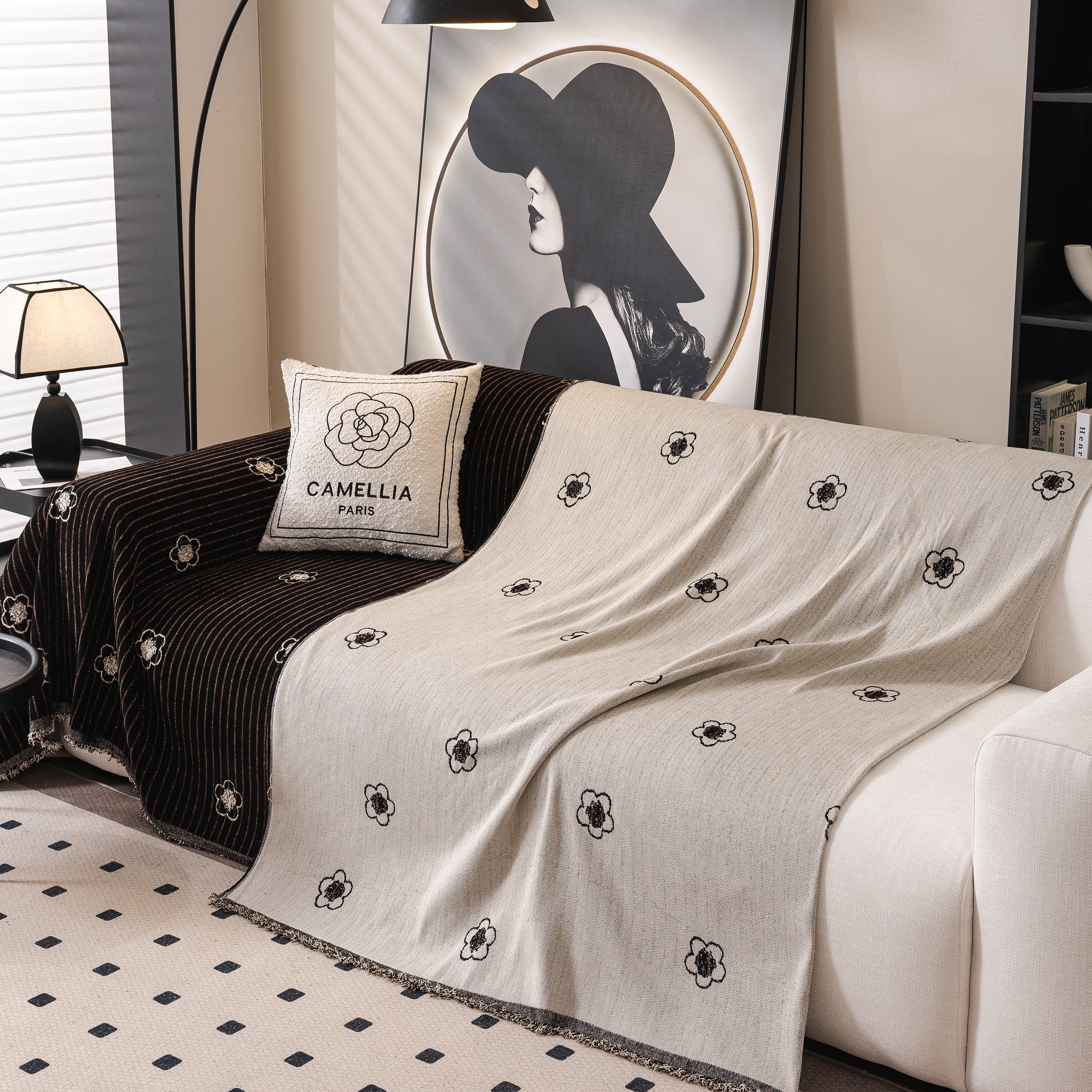 Chenille Camellia Floral Sofa Throw Cover Couch Blanket with Striped Jacquard - Image 48