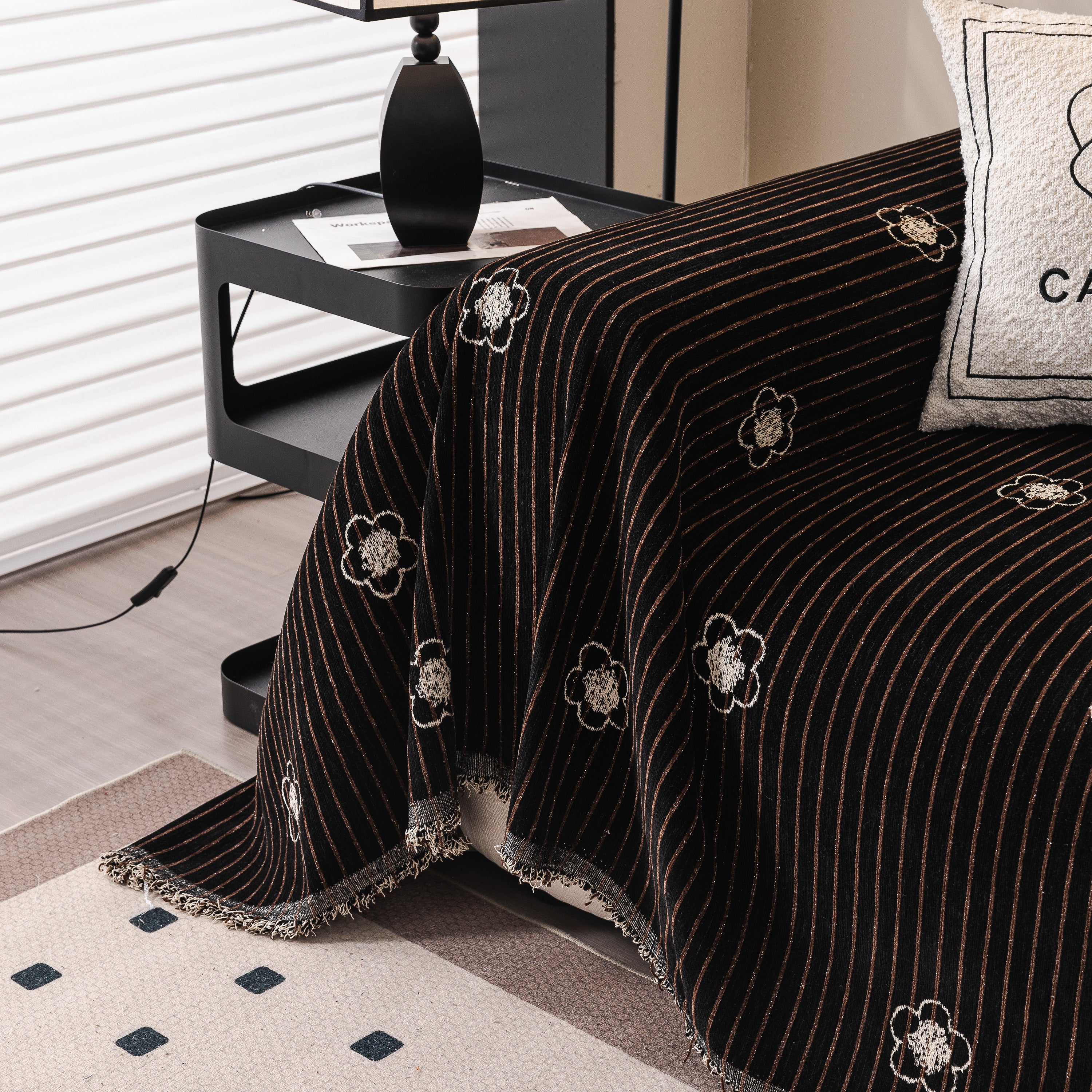 Chenille Camellia Floral Sofa Throw Cover Couch Blanket with Striped Jacquard - Image 53