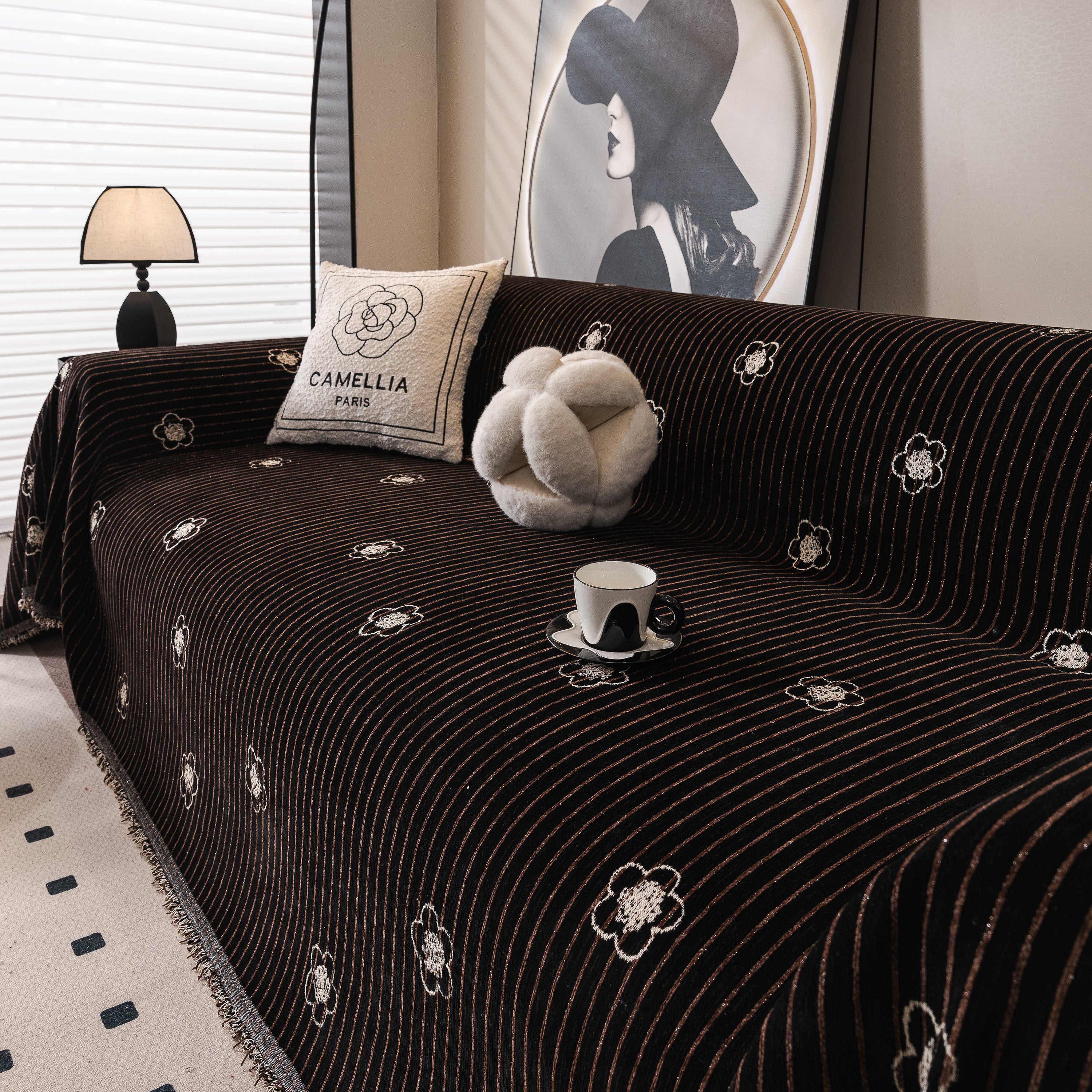 Chenille Camellia Floral Sofa Throw Cover Couch Blanket with Striped Jacquard - Image 55