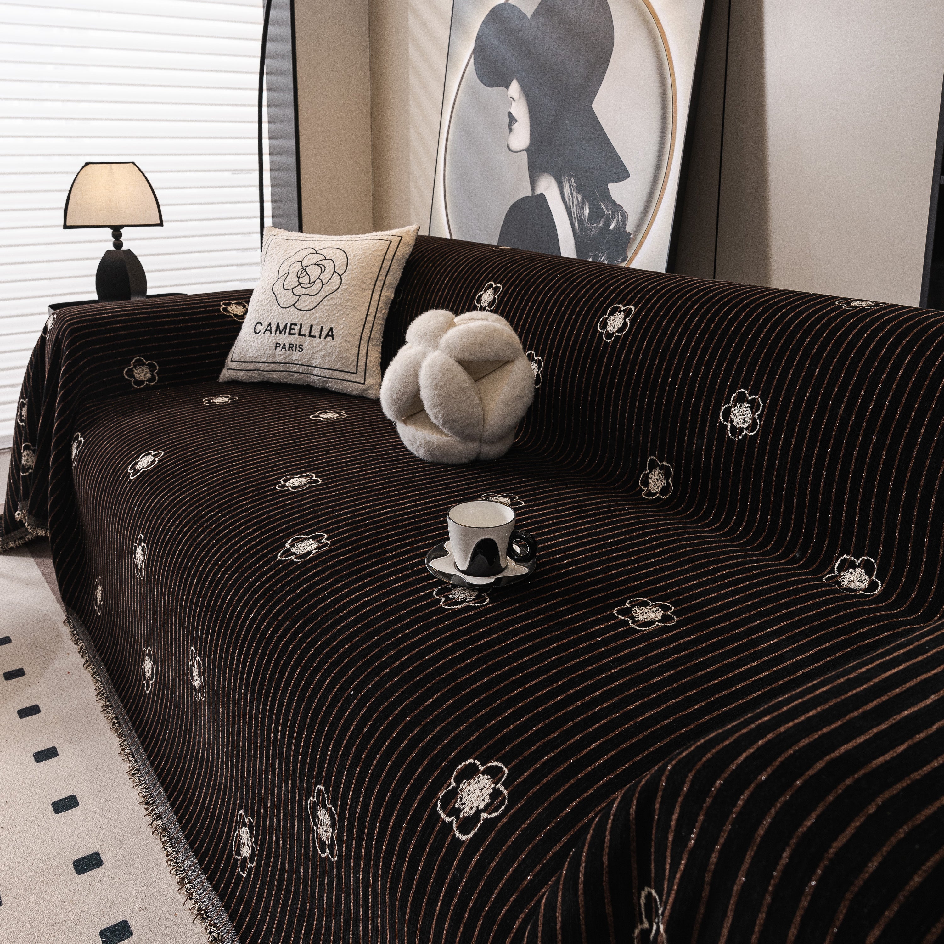 Chenille Camellia Floral Sofa Throw Cover Couch Blanket with Striped Jacquard - Image 56