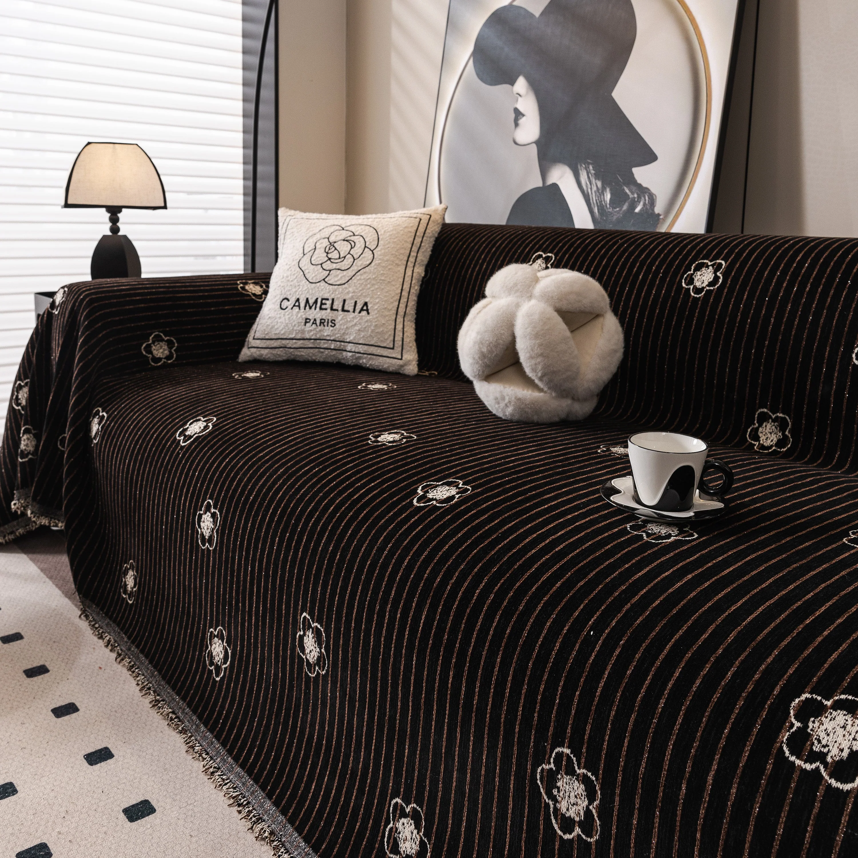 Chenille Camellia Floral Sofa Throw Cover Couch Blanket with Striped Jacquard - Image 59