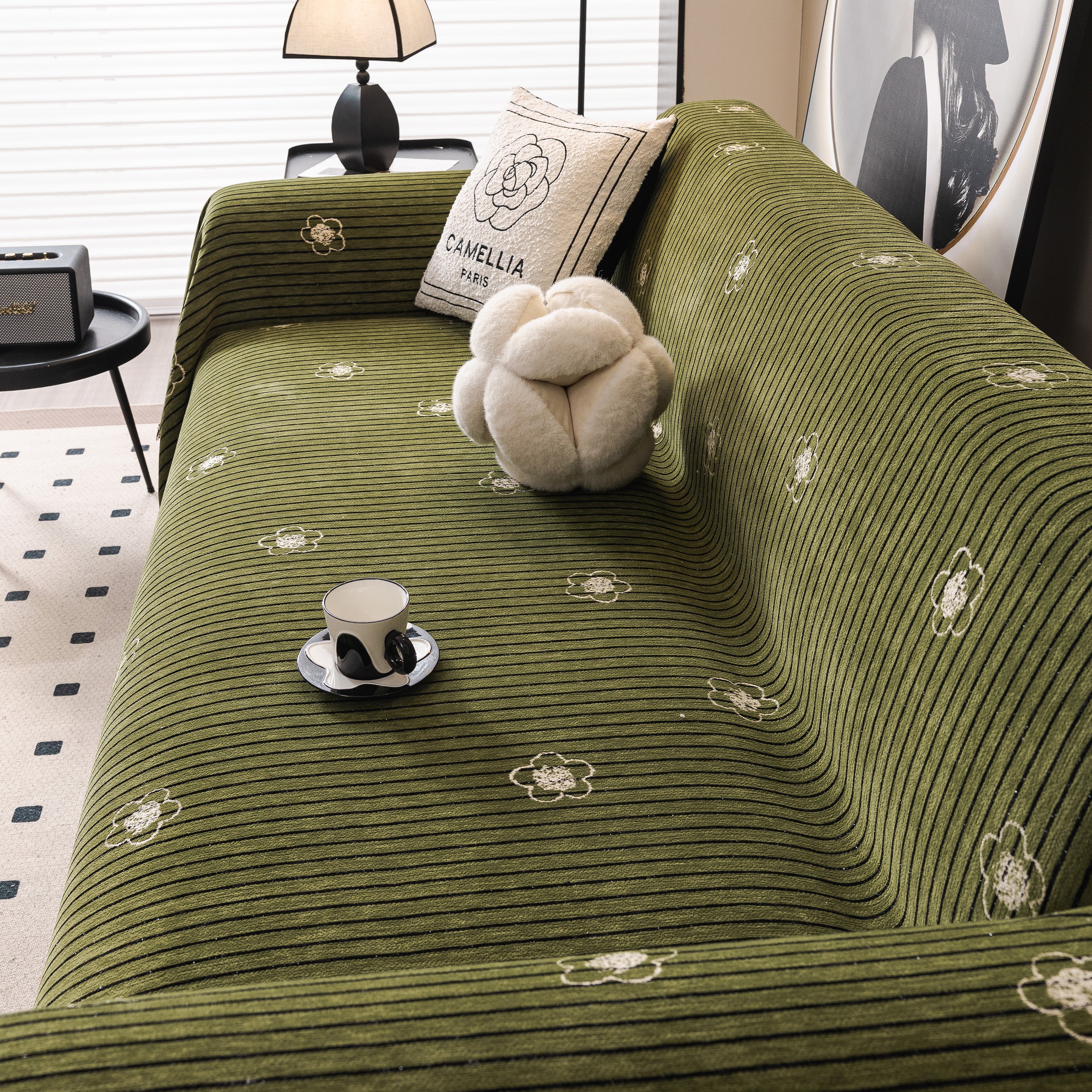 Chenille Camellia Floral Sofa Throw Cover Couch Blanket with Striped Jacquard - Image 6