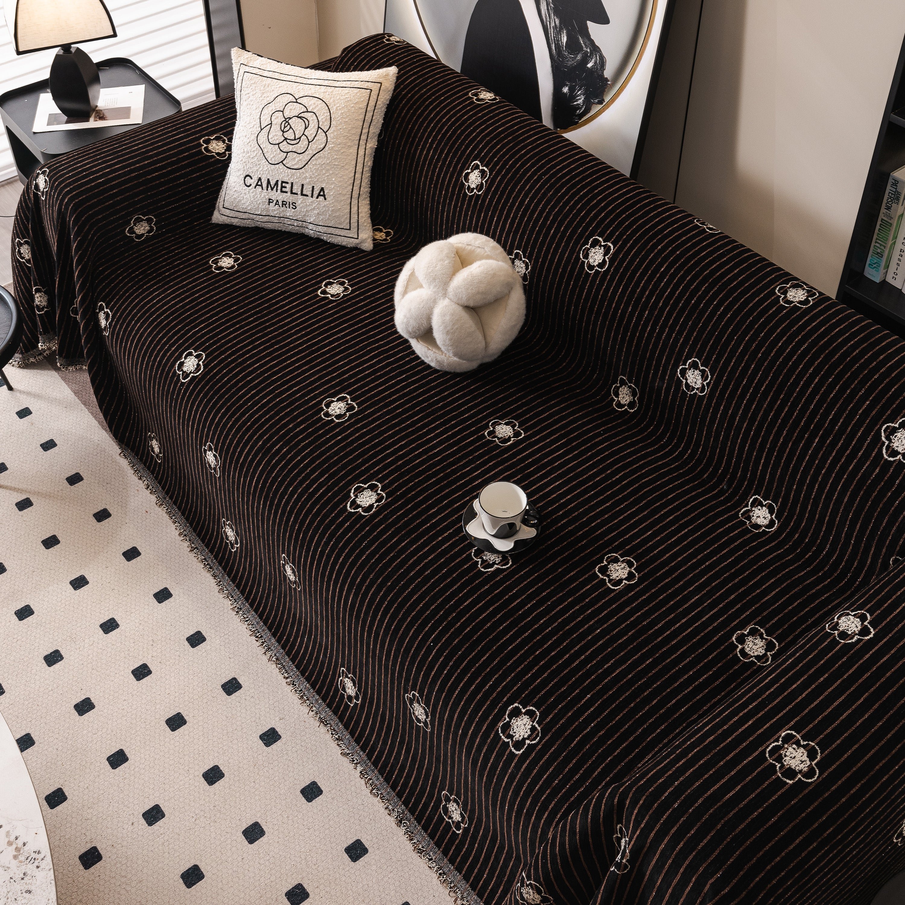 Chenille Camellia Floral Sofa Throw Cover Couch Blanket with Striped Jacquard - Image 65