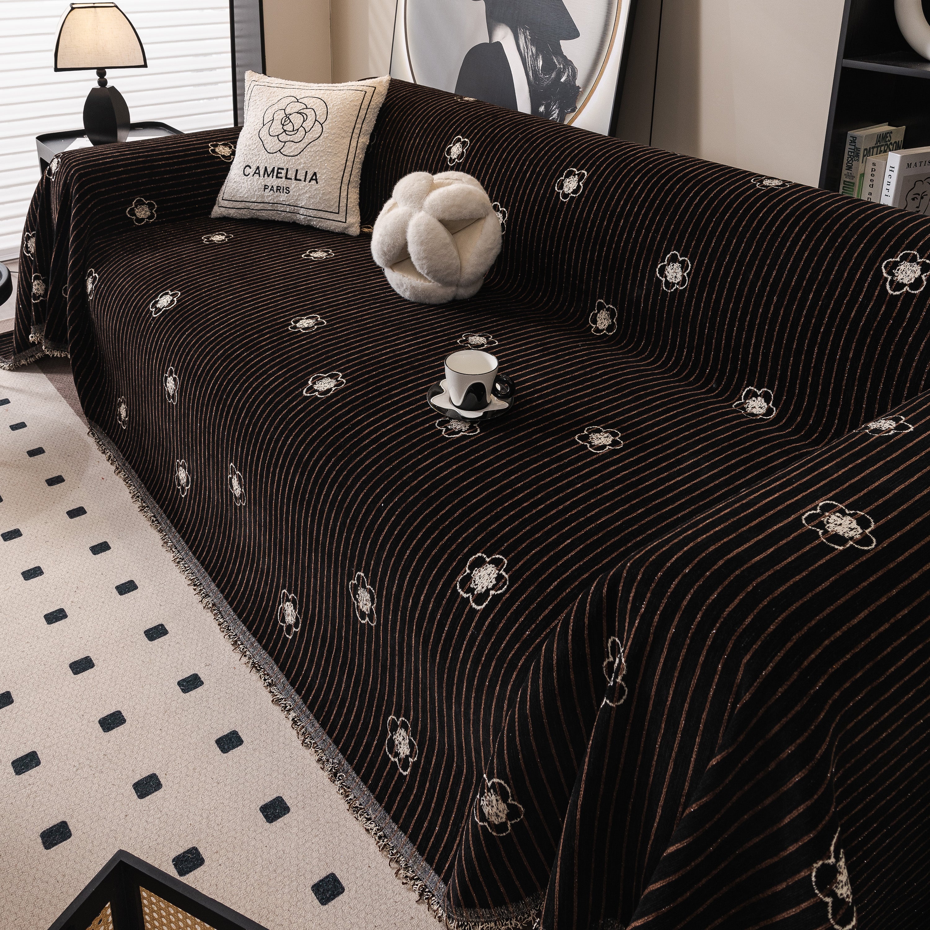 Chenille Camellia Floral Sofa Throw Cover Couch Blanket with Striped Jacquard - Image 66
