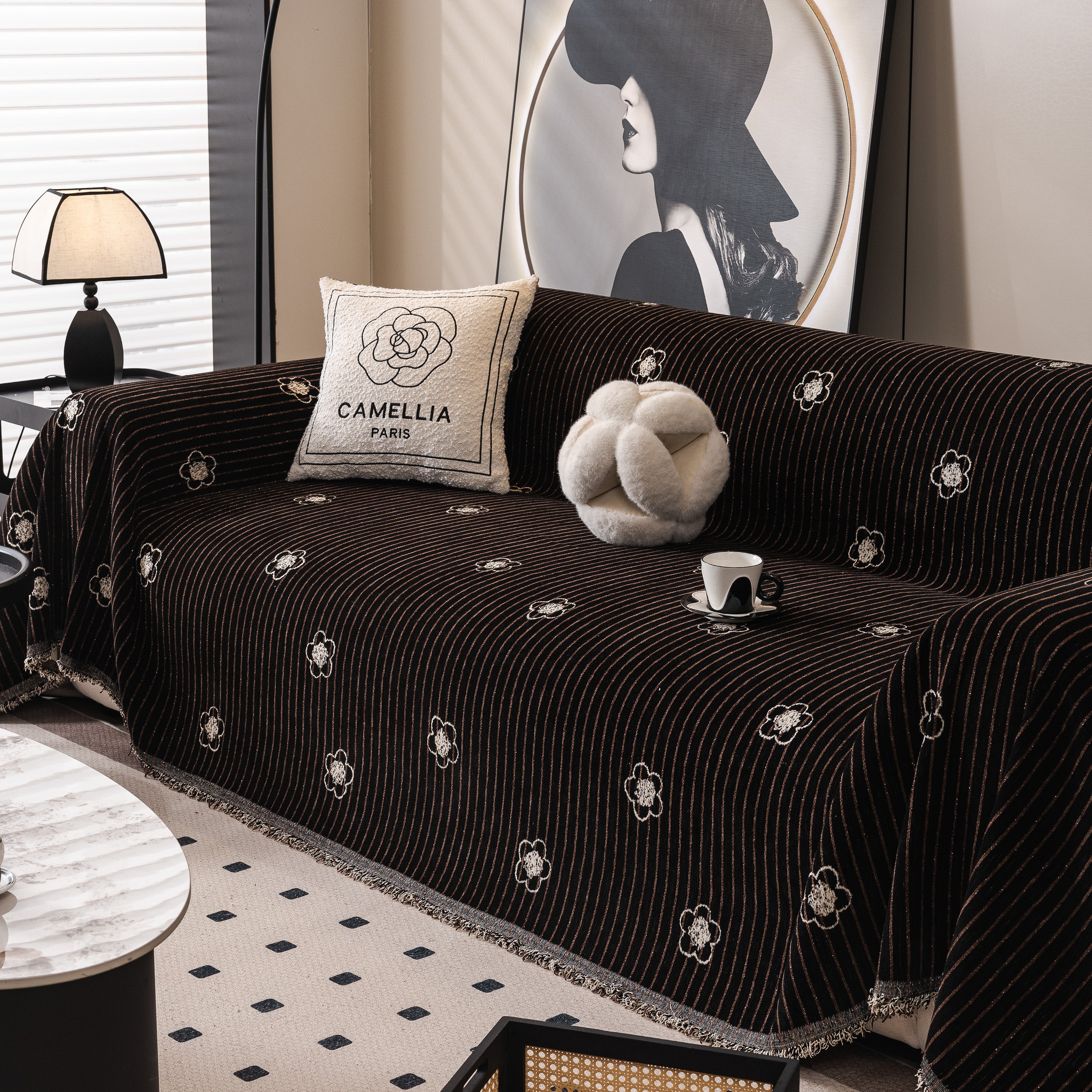 Chenille Camellia Floral Sofa Throw Cover Couch Blanket with Striped Jacquard - Image 68
