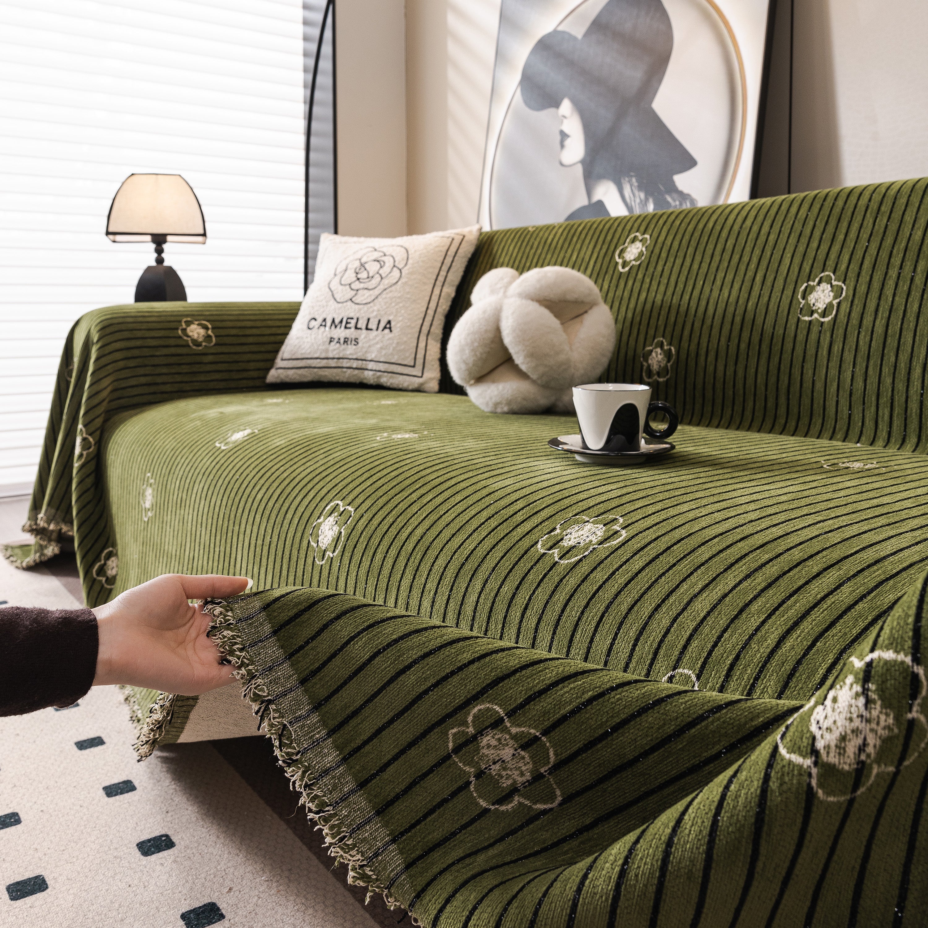 Chenille Camellia Floral Sofa Throw Cover Couch Blanket with Striped Jacquard - Image 7