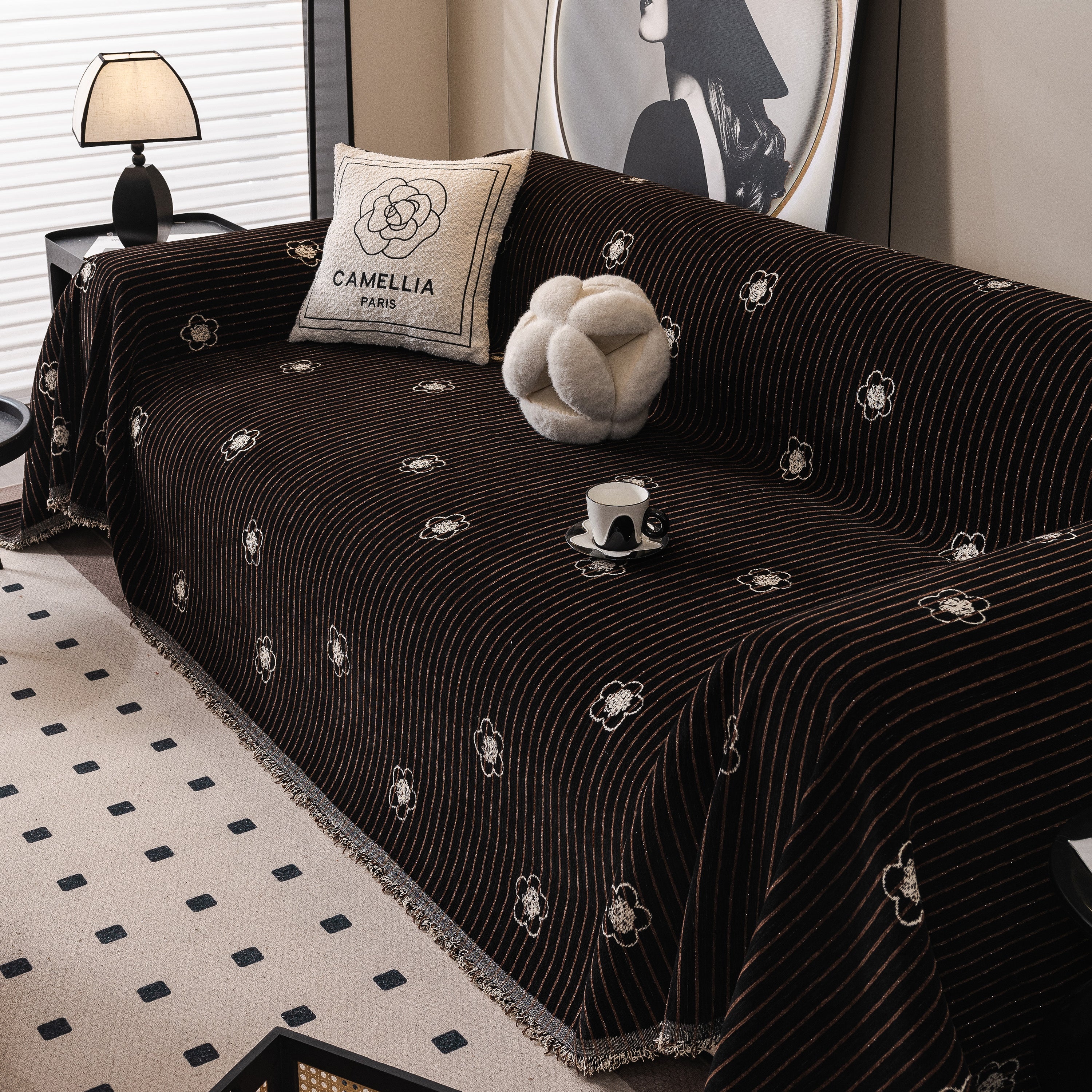Chenille Camellia Floral Sofa Throw Cover Couch Blanket with Striped Jacquard - Image 70