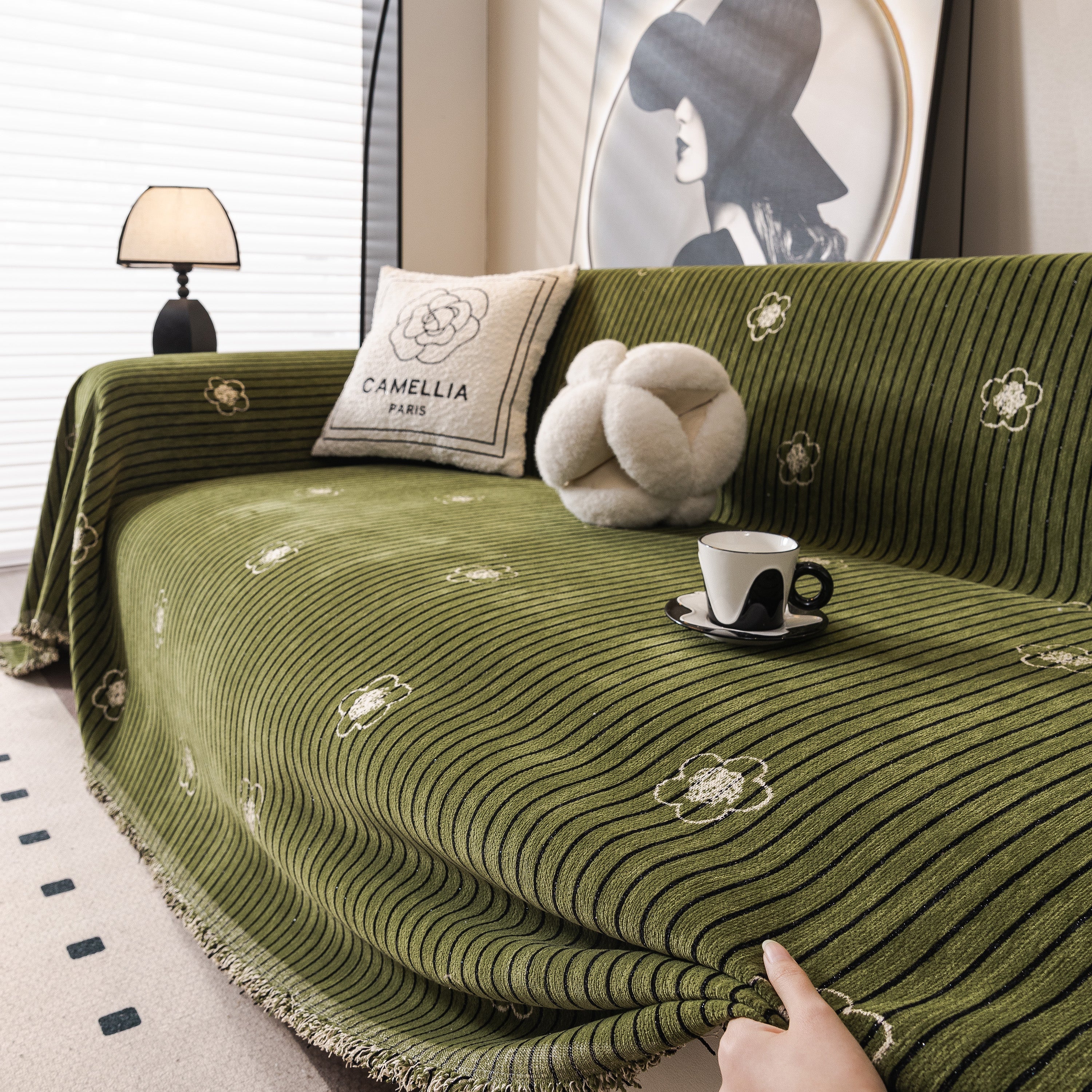 Chenille Camellia Floral Sofa Throw Cover Couch Blanket with Striped Jacquard - Image 8