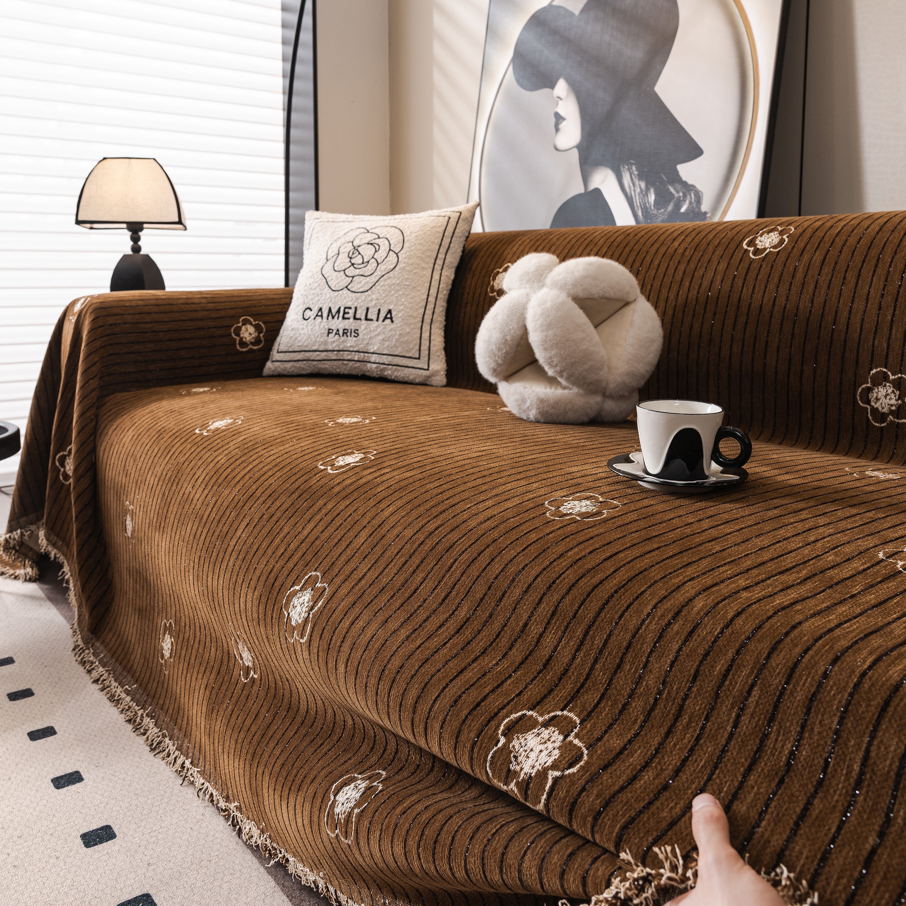 Chenille Camellia Floral Sofa Throw Cover Couch Blanket with Striped Jacquard - Image 80