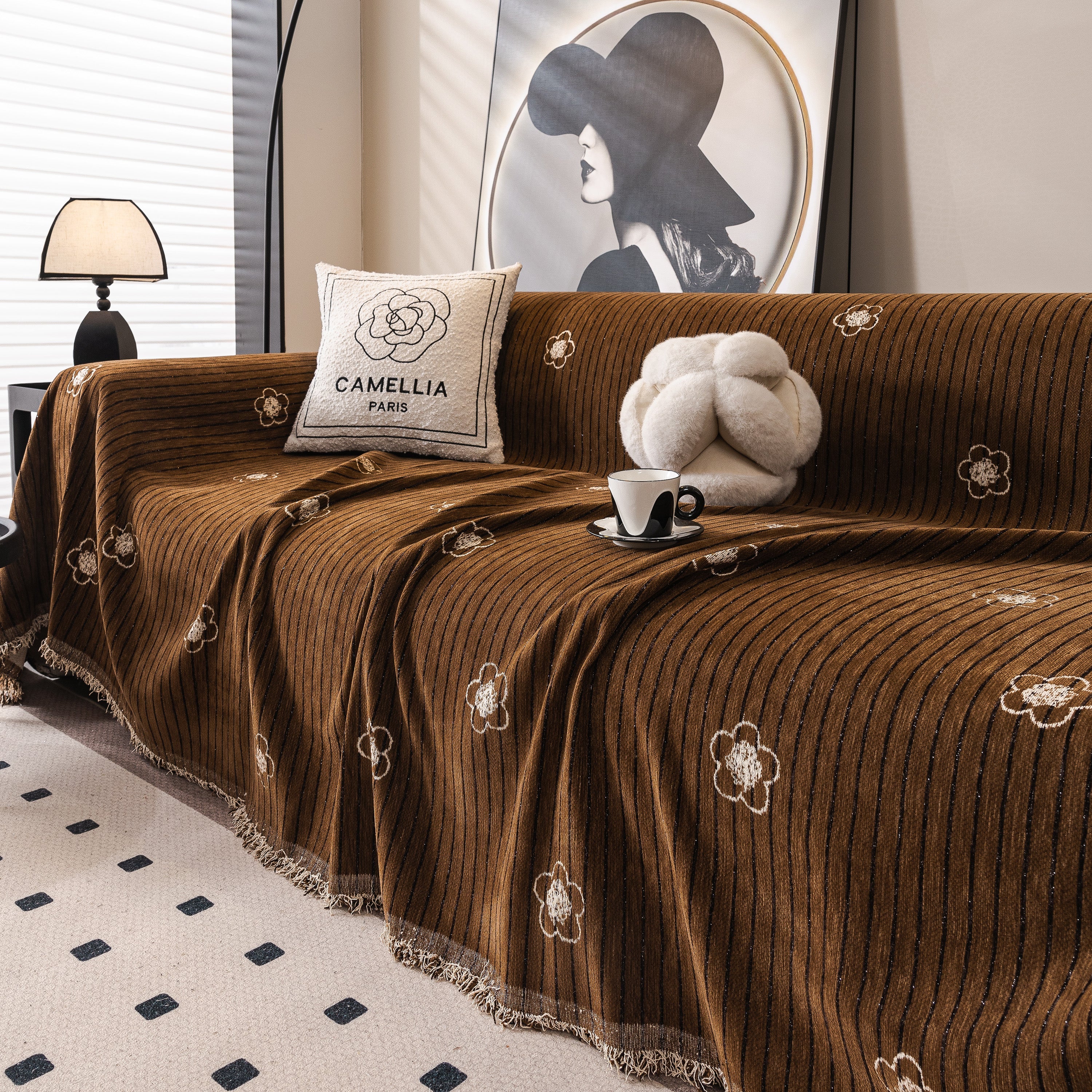 Chenille Camellia Floral Sofa Throw Cover Couch Blanket with Striped Jacquard - Image 81