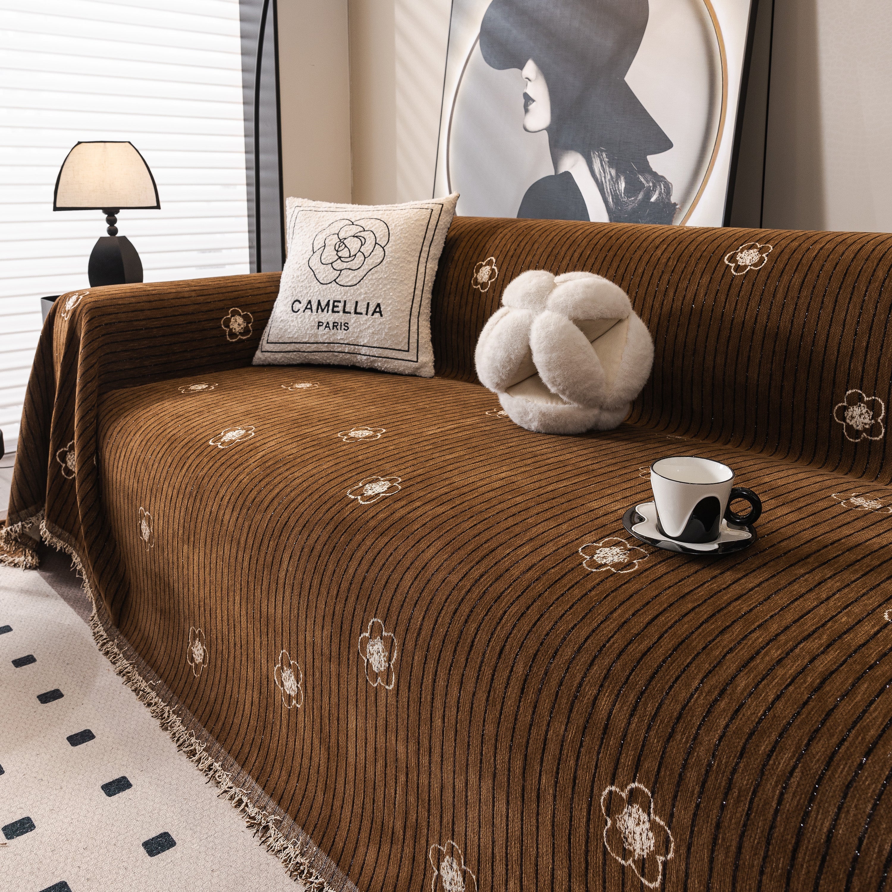 Chenille Camellia Floral Sofa Throw Cover Couch Blanket with Striped Jacquard - Image 84