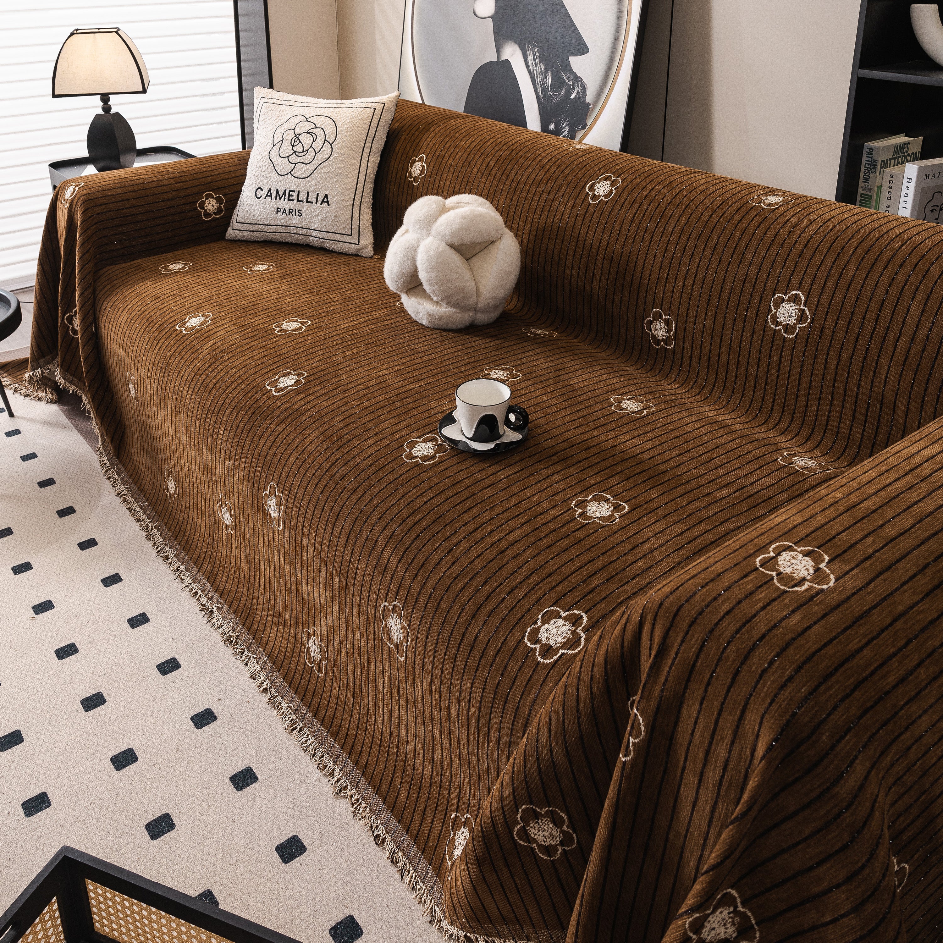 Chenille Camellia Floral Sofa Throw Cover Couch Blanket with Striped Jacquard - Image 85