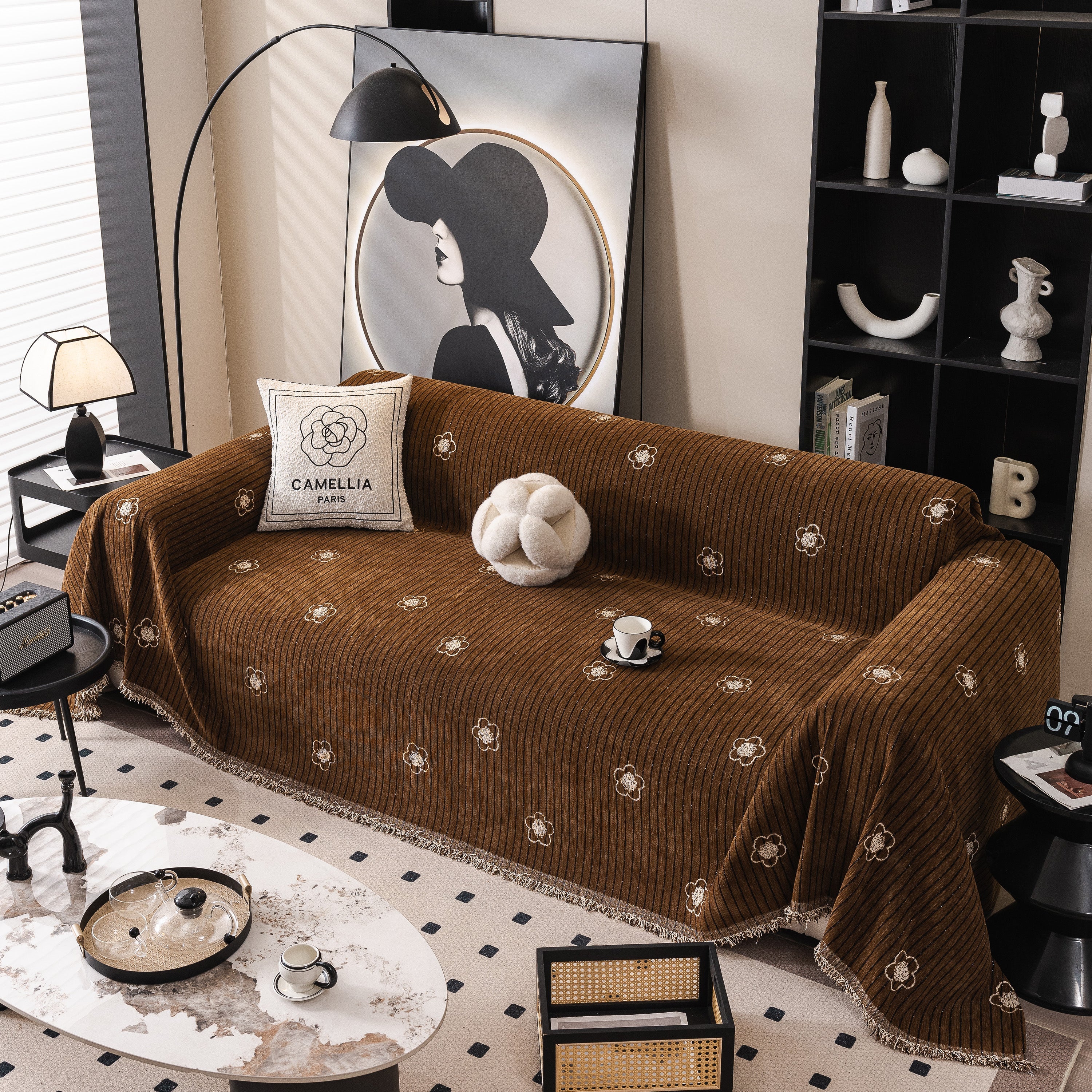 Chenille Camellia Floral Sofa Throw Cover Couch Blanket with Striped Jacquard - Image 86