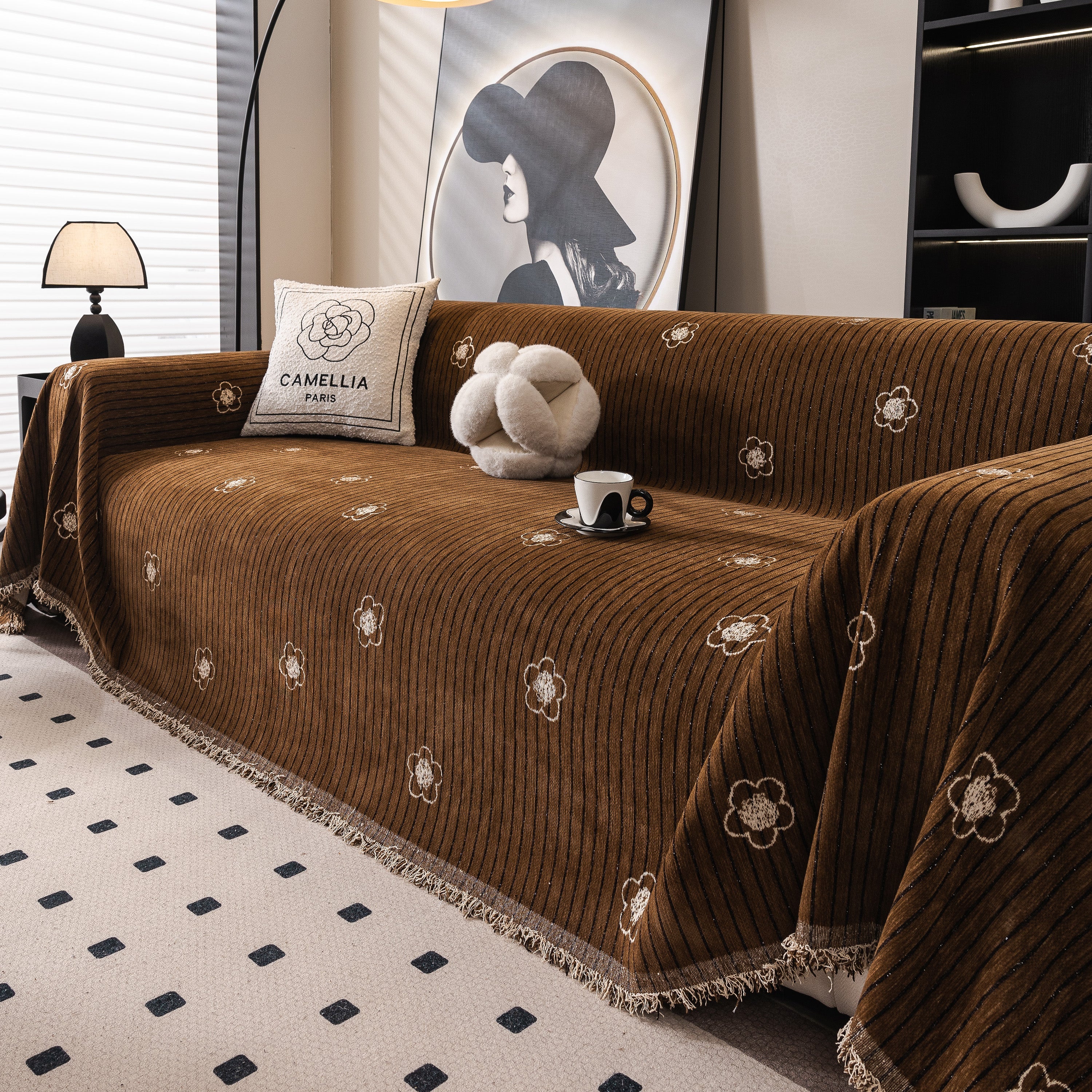 Chenille Camellia Floral Sofa Throw Cover Couch Blanket with Striped Jacquard - Image 87