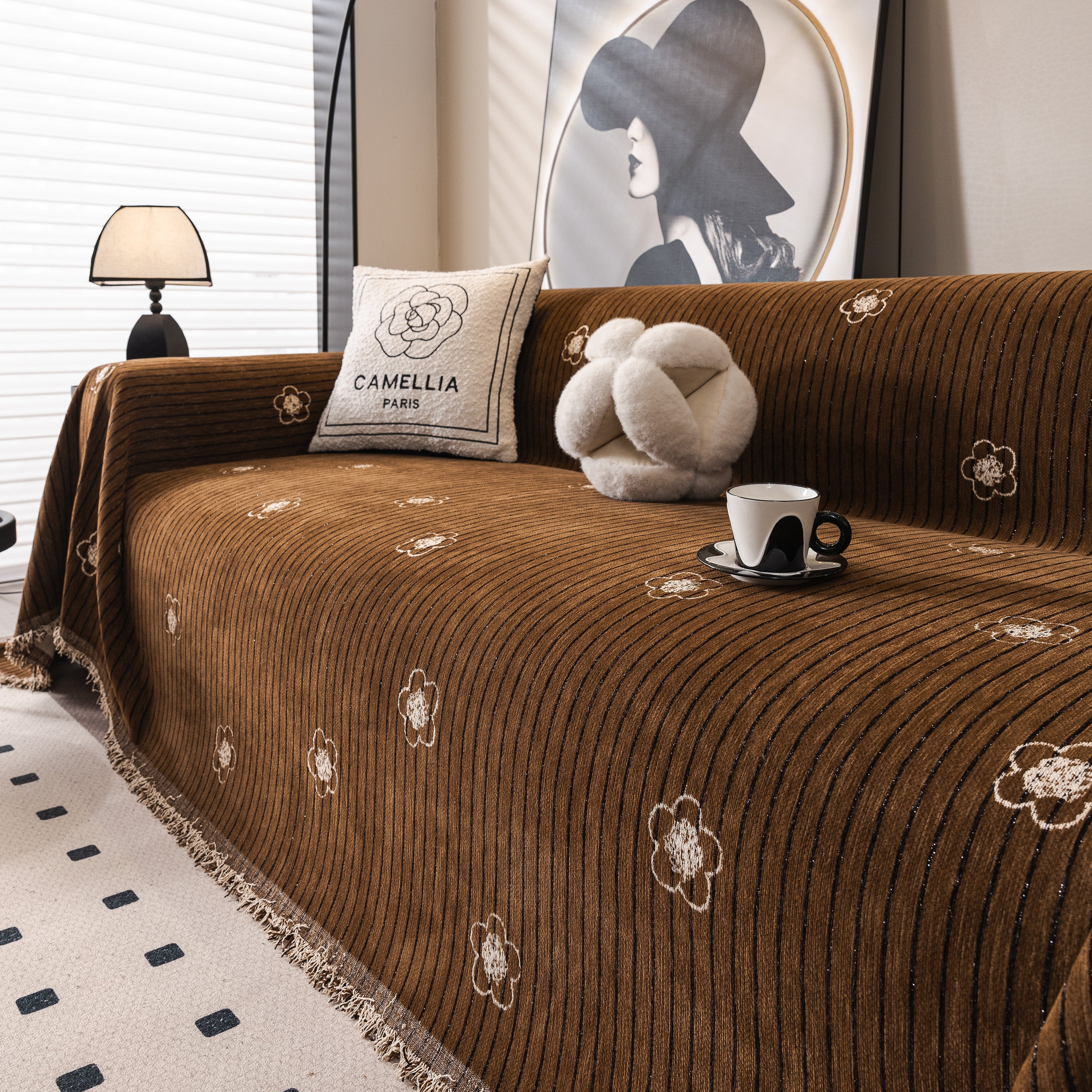 Chenille Camellia Floral Sofa Throw Cover Couch Blanket with Striped Jacquard - Image 88