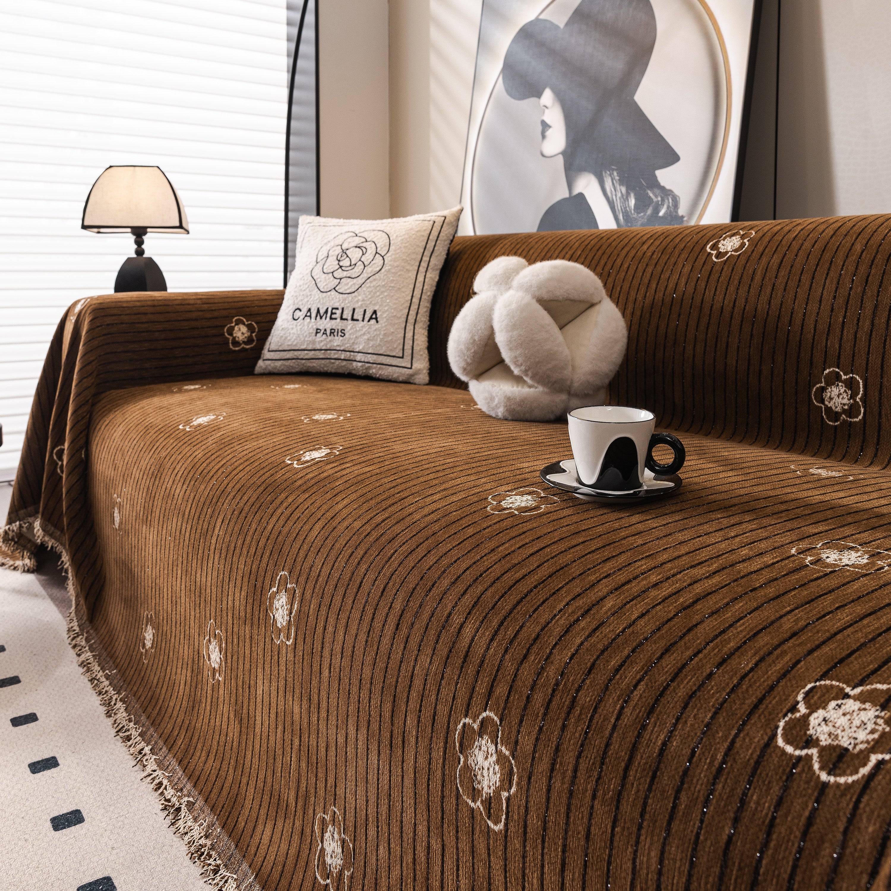 Chenille Camellia Floral Sofa Throw Cover Couch Blanket with Striped Jacquard - Image 89