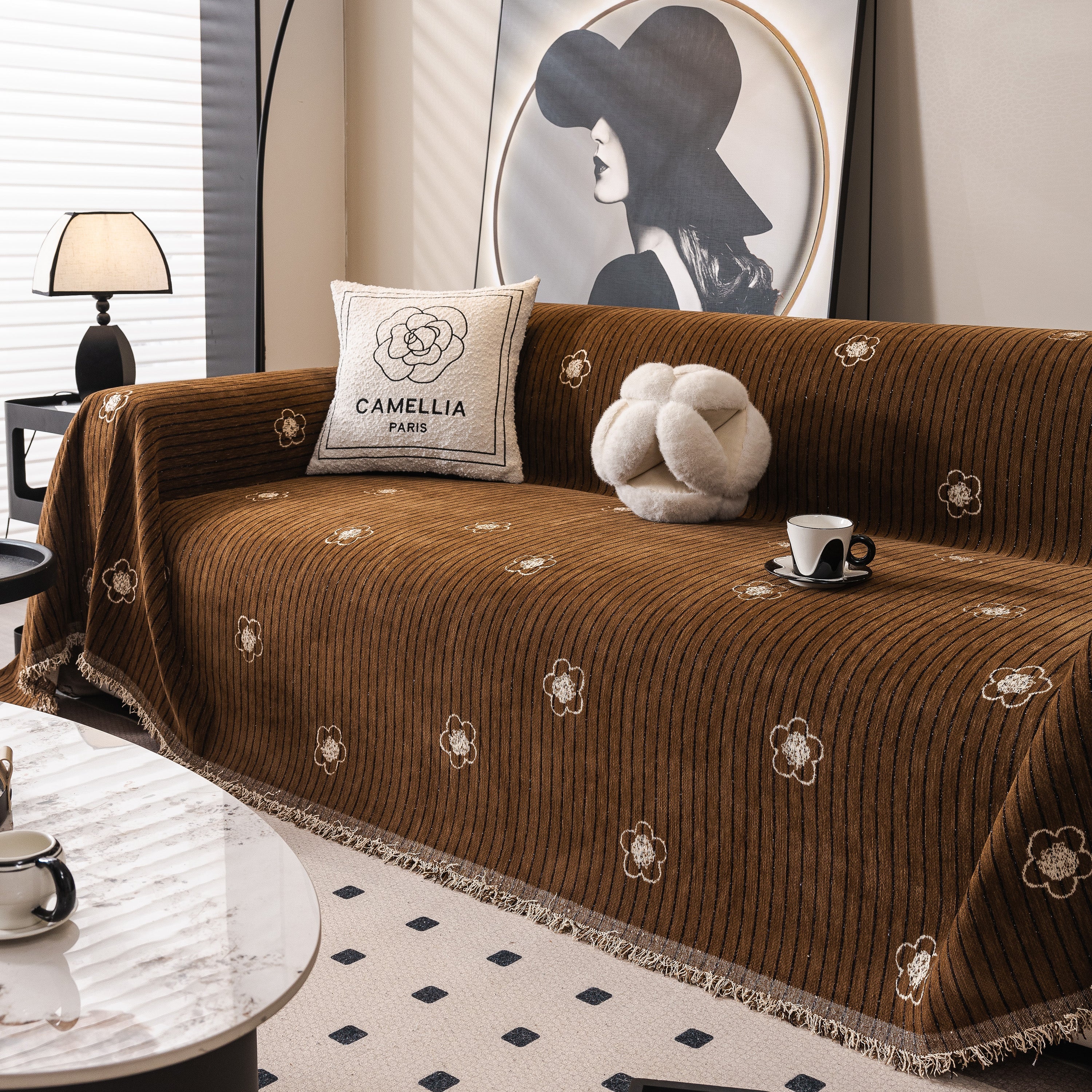 Chenille Camellia Floral Sofa Throw Cover Couch Blanket with Striped Jacquard - Image 90