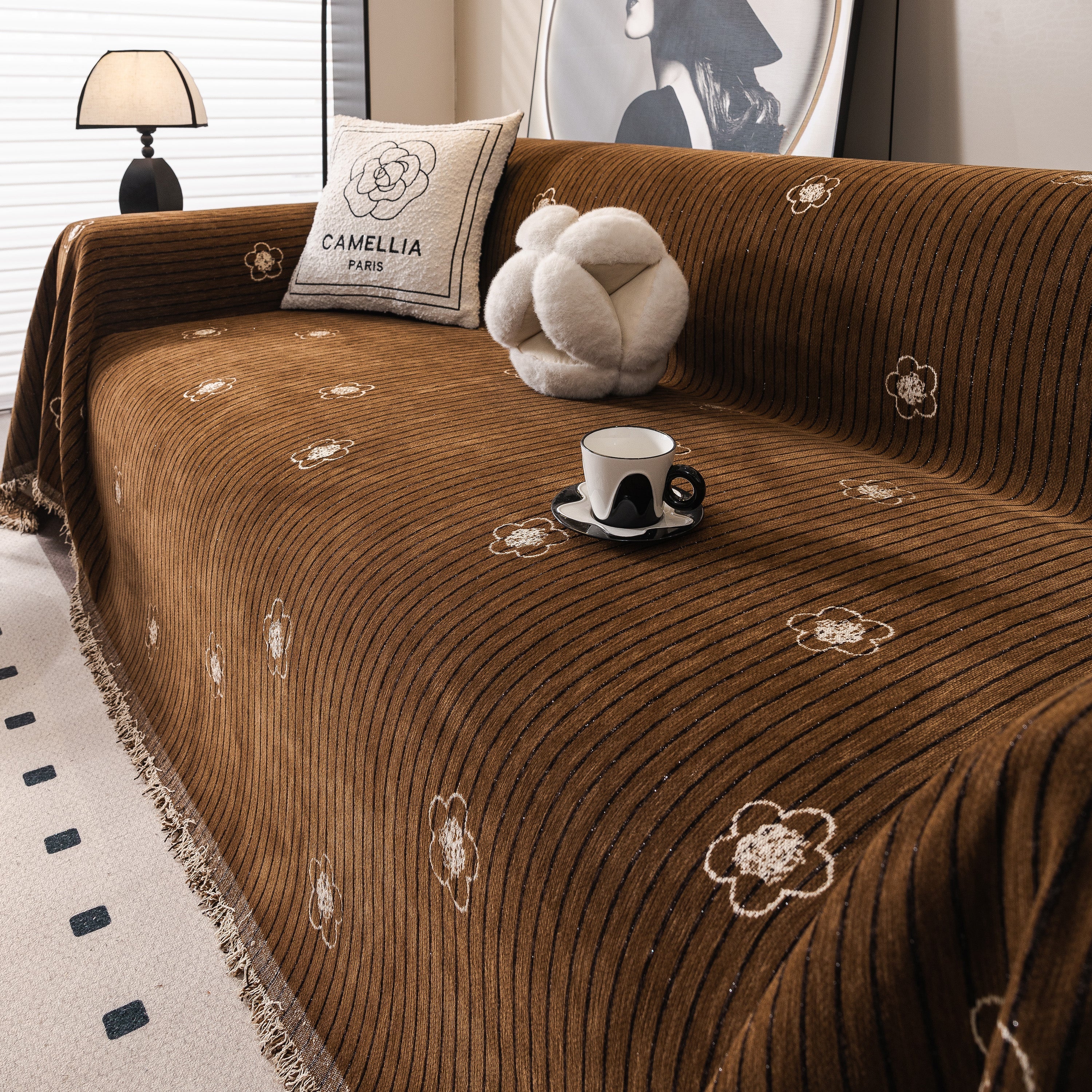 Chenille Camellia Floral Sofa Throw Cover Couch Blanket with Striped Jacquard - Image 91