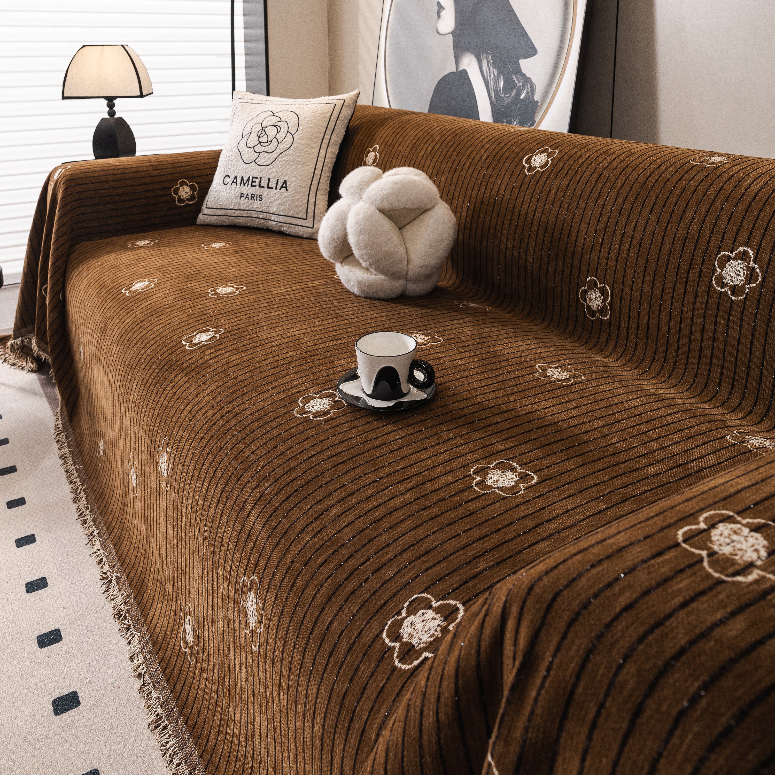 Chenille Camellia Floral Sofa Throw Cover Couch Blanket with Striped Jacquard - Image 92