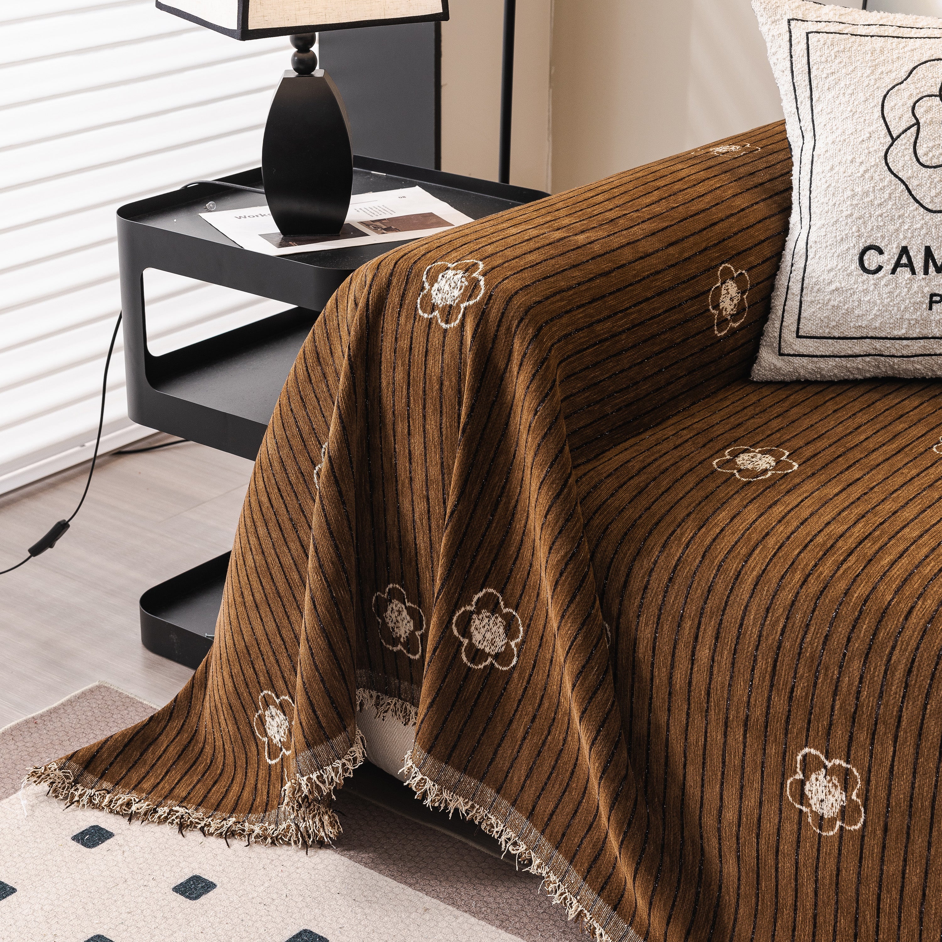 Chenille Camellia Floral Sofa Throw Cover Couch Blanket with Striped Jacquard - Image 93