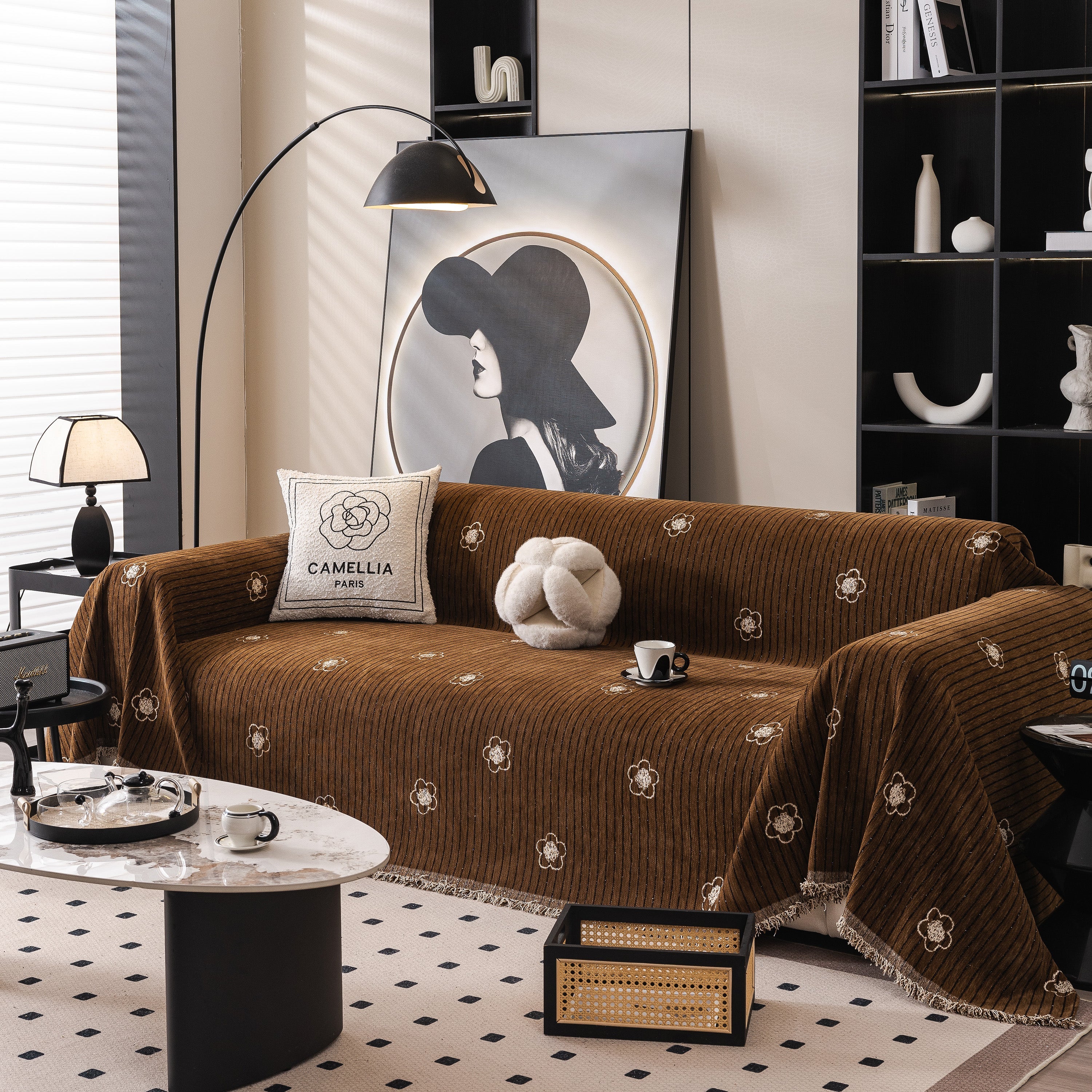 Chenille Camellia Floral Sofa Throw Cover Couch Blanket with Striped Jacquard - Image 94